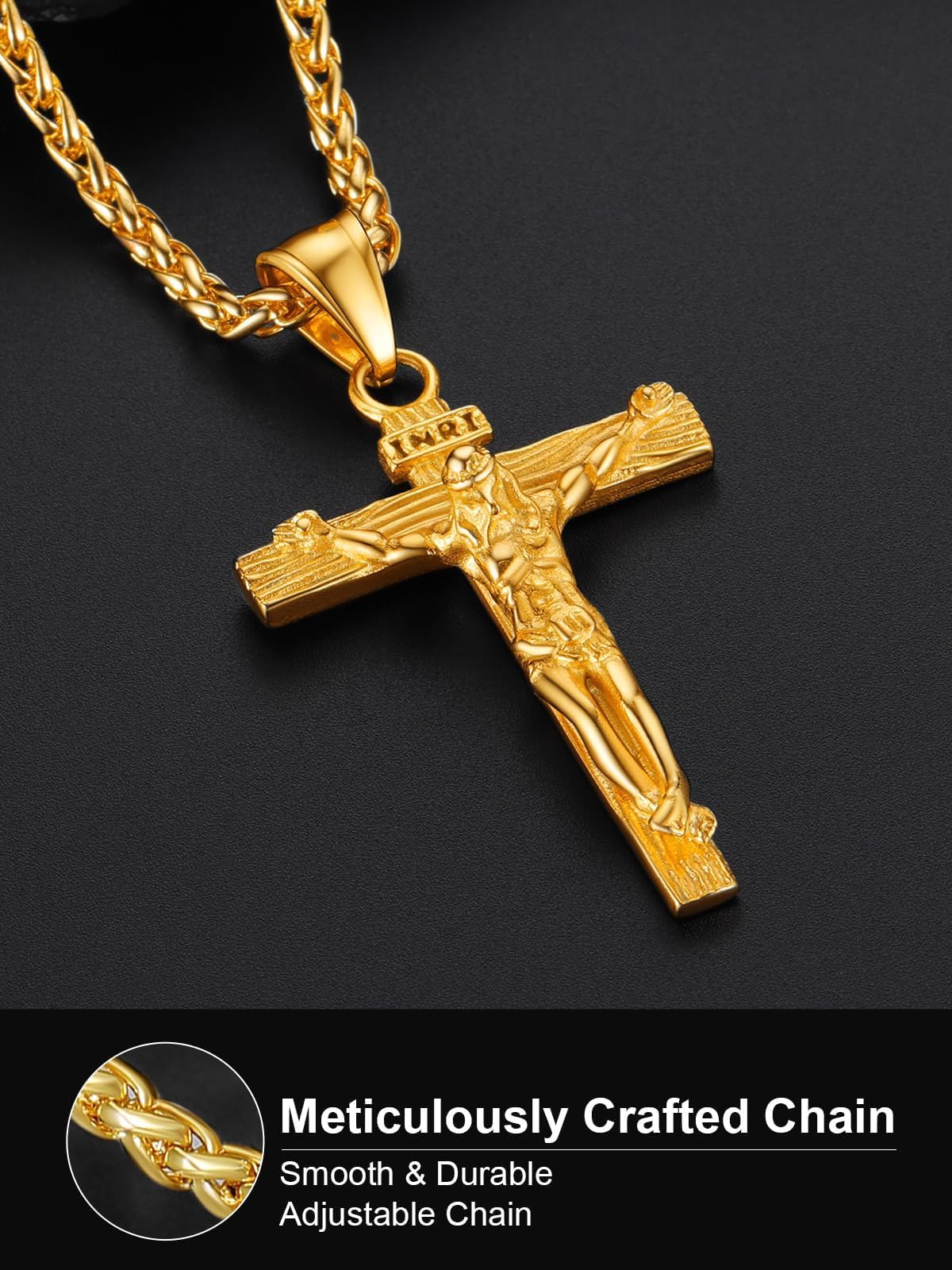 U7 Crucifix Cross Necklace 18K Gold Plated Crucifix Necklace Gold Cross Pendant for Men with Rope Chain 22"