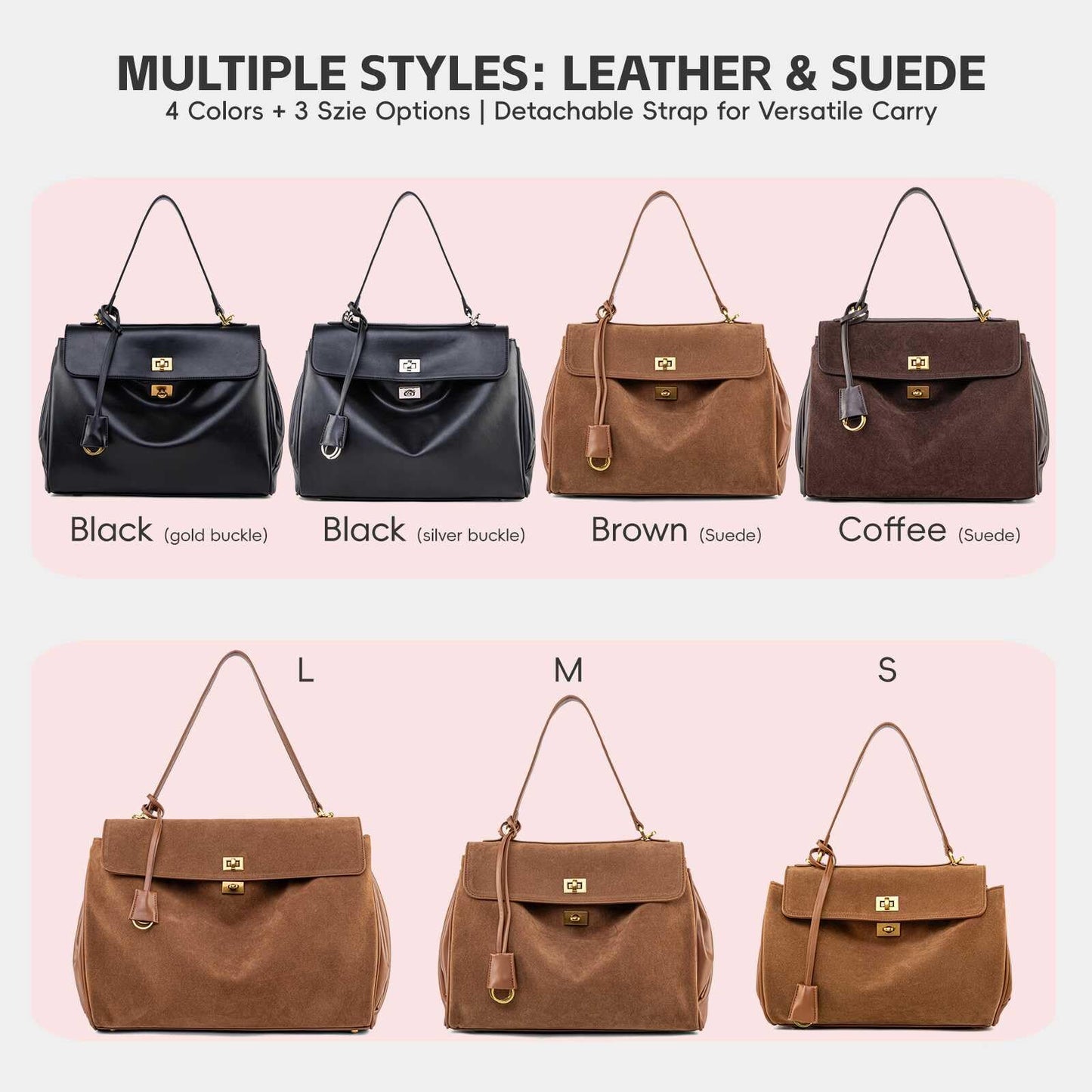 NGGU Suede & Leather Tote Bag for Women,Soft Leather Shoulder Handbags for Ladies,Satchel Purse for Travel Work & Medium & Brown Suede & Gold Clasp