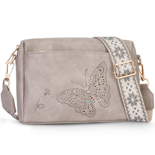 KITEVIUN Crossbody Bags for Women, Vegan Leather Phone Purse Triple Zip Butterfly Women’s Shoulder Handbags with Wide Strap Gray