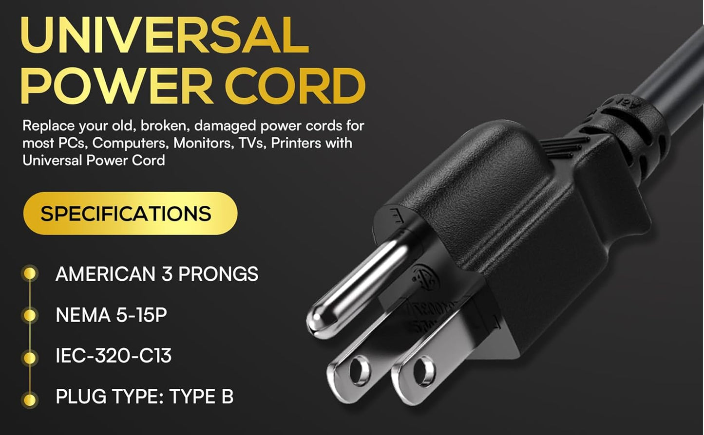 Cable Leader 15ft 14AWG 5-15P C13 3-Prong Computer Power Cord, NEMA to IEC AC Power Cable, Heavy Duty Replacement Power