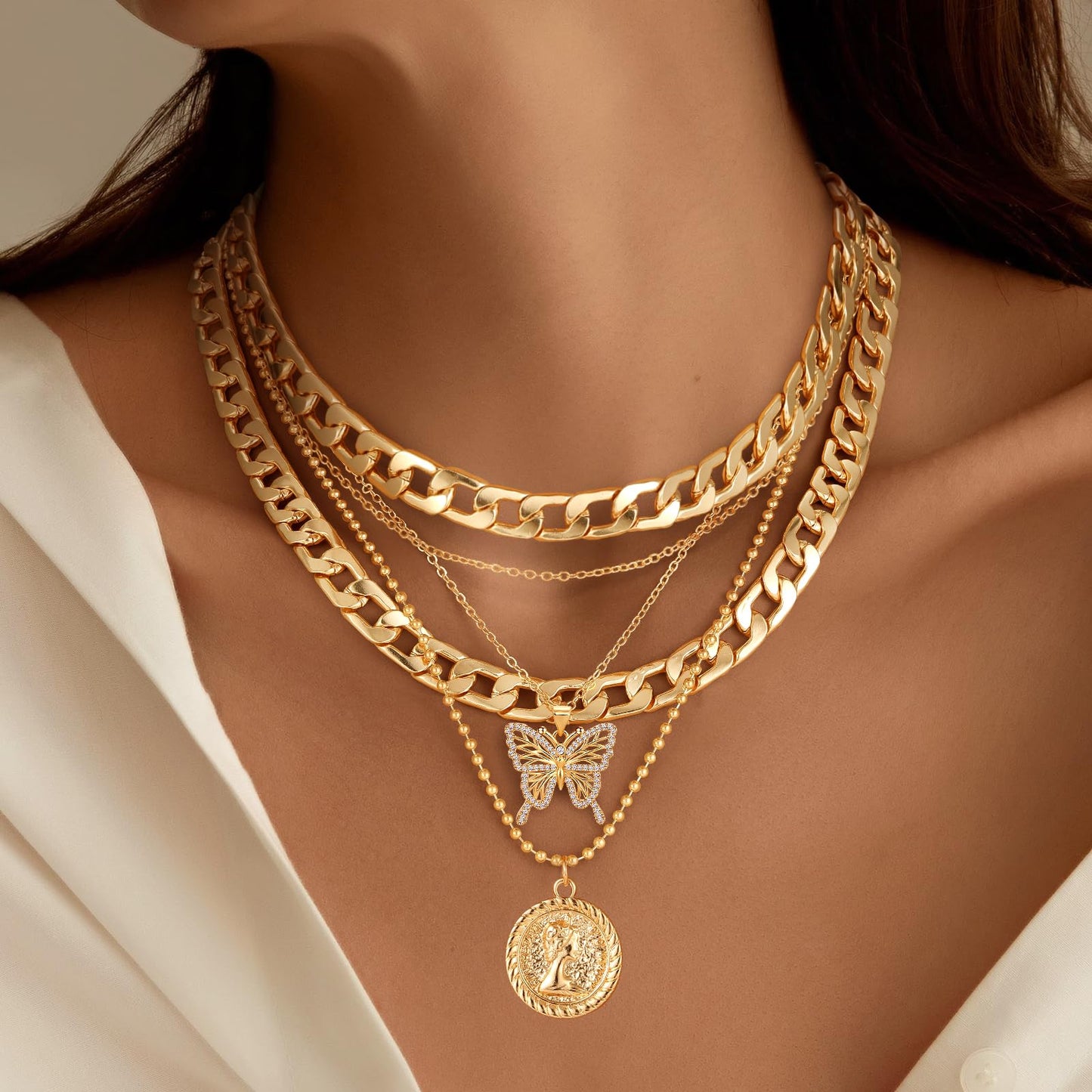 MJartoria Gold Layered Necklaces for Women Trendy Retro Coin Pendant Necklace Dainty Chunky Chain Choker Necklaces for Jewelry Birthday Gifts (Gold, A-X-Hollow Butterfly-5 in 1 Layered)