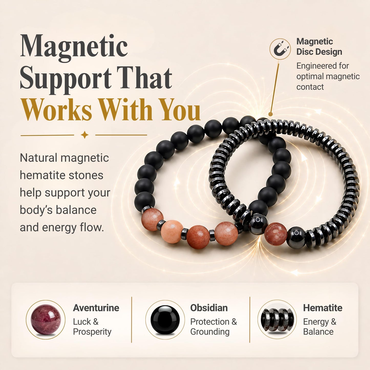 WestLuna Magnetic Hematite Bracelets for Women Men, Adjustable Pink Aventurine Black Obsidian Natural Stone Magnet Beaded Bracelets, Slimming Crystal Chakra Energy Bracelet Gift (Pink Aventurine, Small)