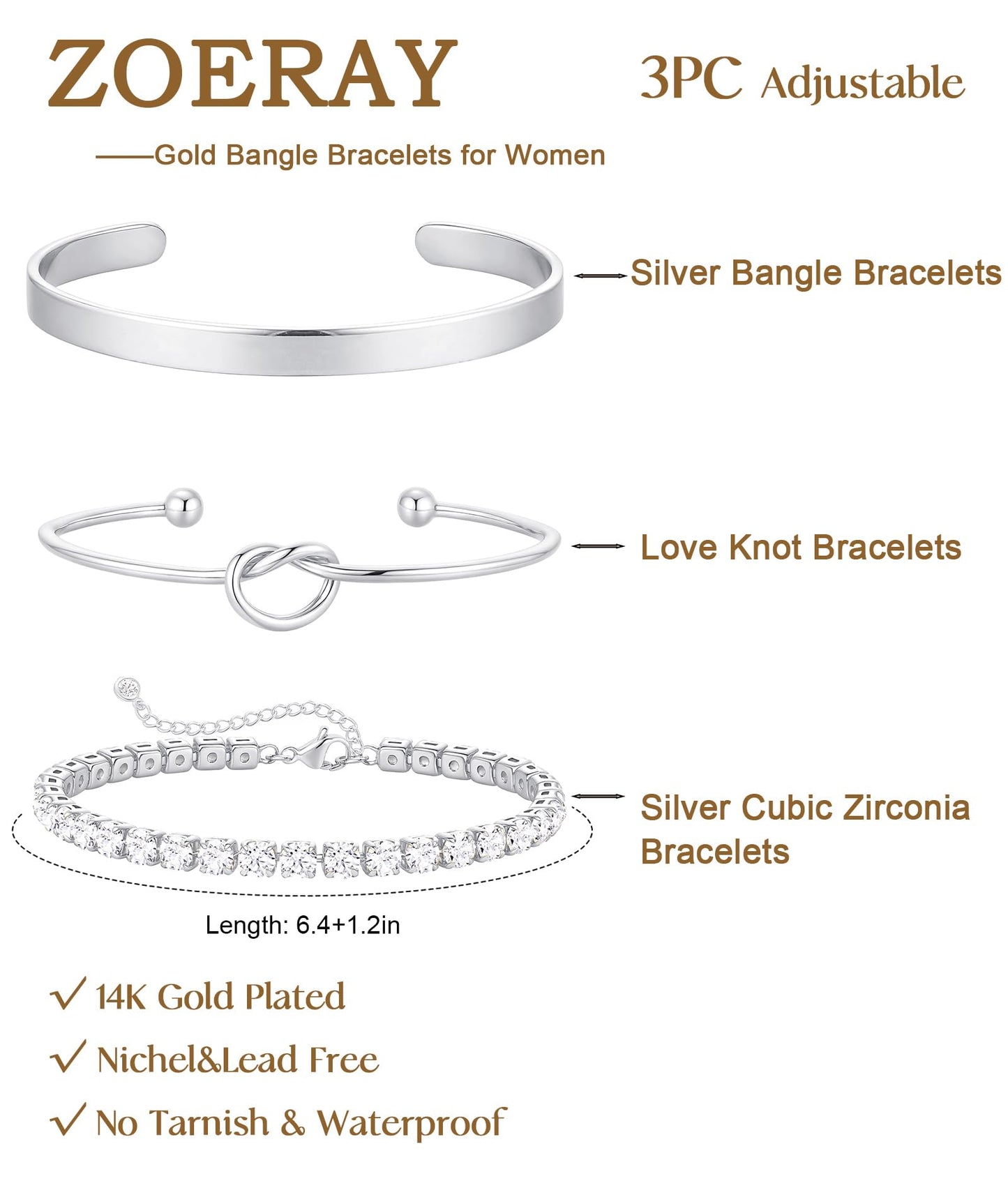 ZOERAY Silver Gold Bangle Bracelets for Women Non Tarnish 14k Gold Plated Stackable Cuff Bracelets for Women Trendy Cubic Zirconia Stainless Steel Chunky Bracelet Stack Set Waterproof Jewelry Gifts