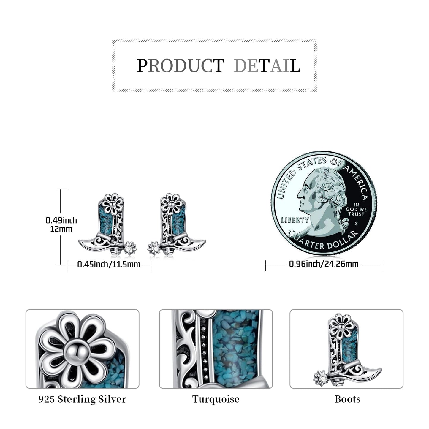 KoyeKei Cowgirl Boot Earrings 925 Sterling Silver Cowboy Texas Boot Stud Earrings Western Turquoise Cowboy Carter Jewelry Country Graduation Gifts for Mom Women
