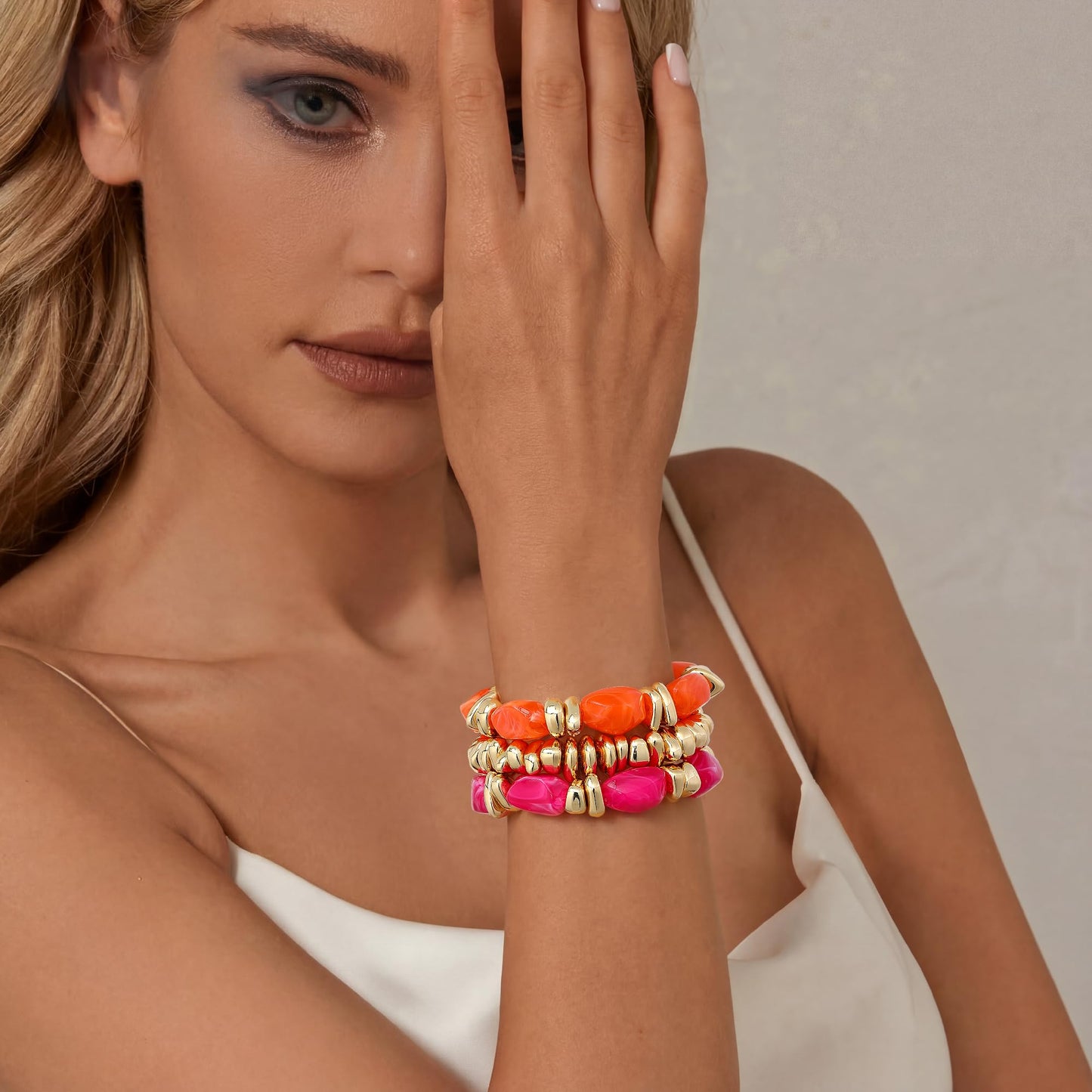 Sajidos Gold Plated Beaded Bracelets for Women Trendy, 14K Gold Plated Stack Cross Pearl Gold Plated Bead Stretch Bracelets Set Elastic Hypoallergenic Bracelets Jewelry Gifts (style13-orangepeachred)