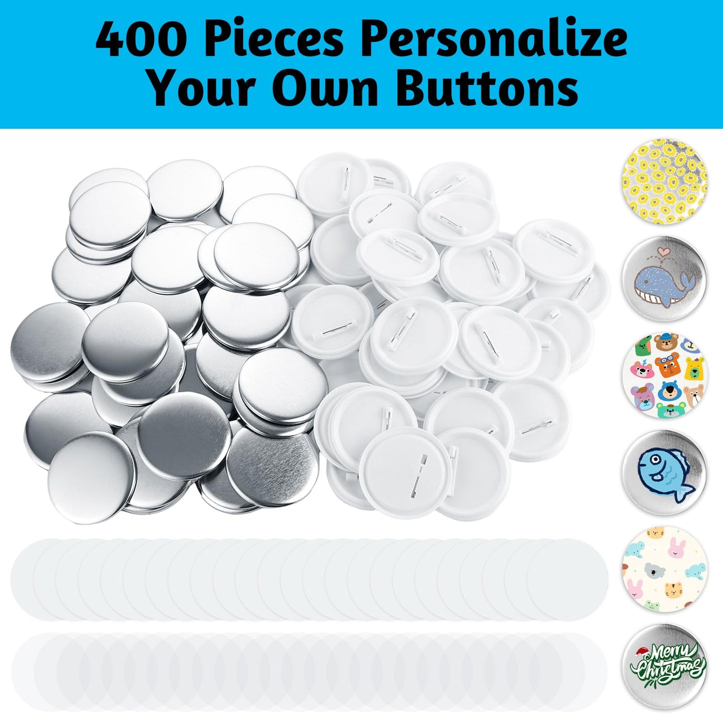 DAJAVE 400 Pieces 1.25 Inch Button Maker Supplies, 32mm Button Making Supplies, Round Badge Blank Button Pins, Includes Plastic Buttos Pin Back Cover, Metal Cover, Clear Film & Blank Paper