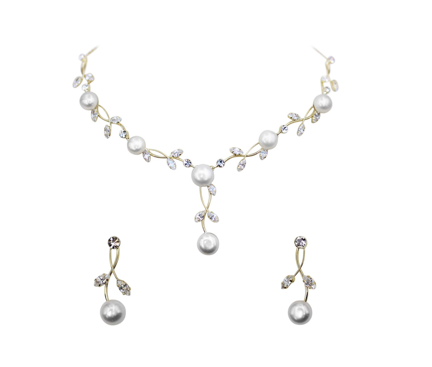Faship Gorgeous Clear CZ Crystal Genuine Freshwater Pearls Floral Necklace Earrings Set - Clear/Gold-Plated