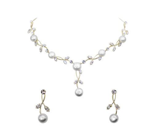 Faship Gorgeous Clear CZ Crystal Genuine Freshwater Pearls Floral Necklace Earrings Set - Clear/Gold-Plated