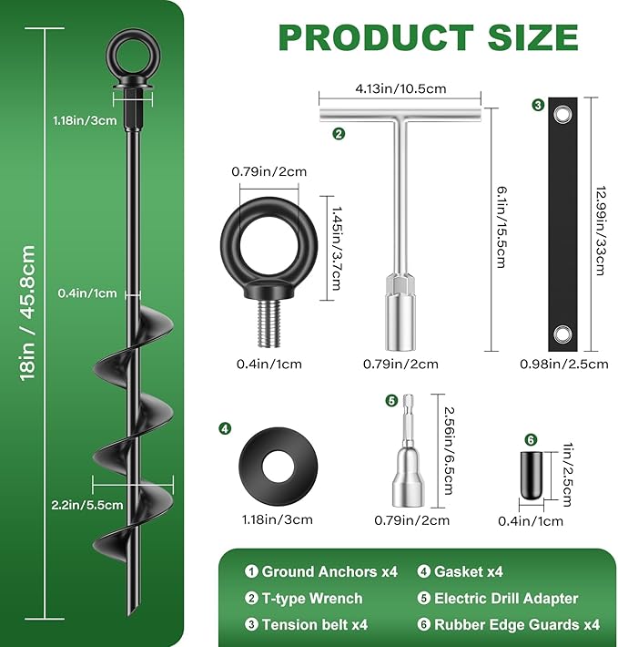 18 Inch Ground Anchors 4 Packs Heavy Duty Fully Welded Trampoline Stakes Screw in Anchors for Swing Set High Wind Tent Hurricane Carport, Shed,Mobile Home