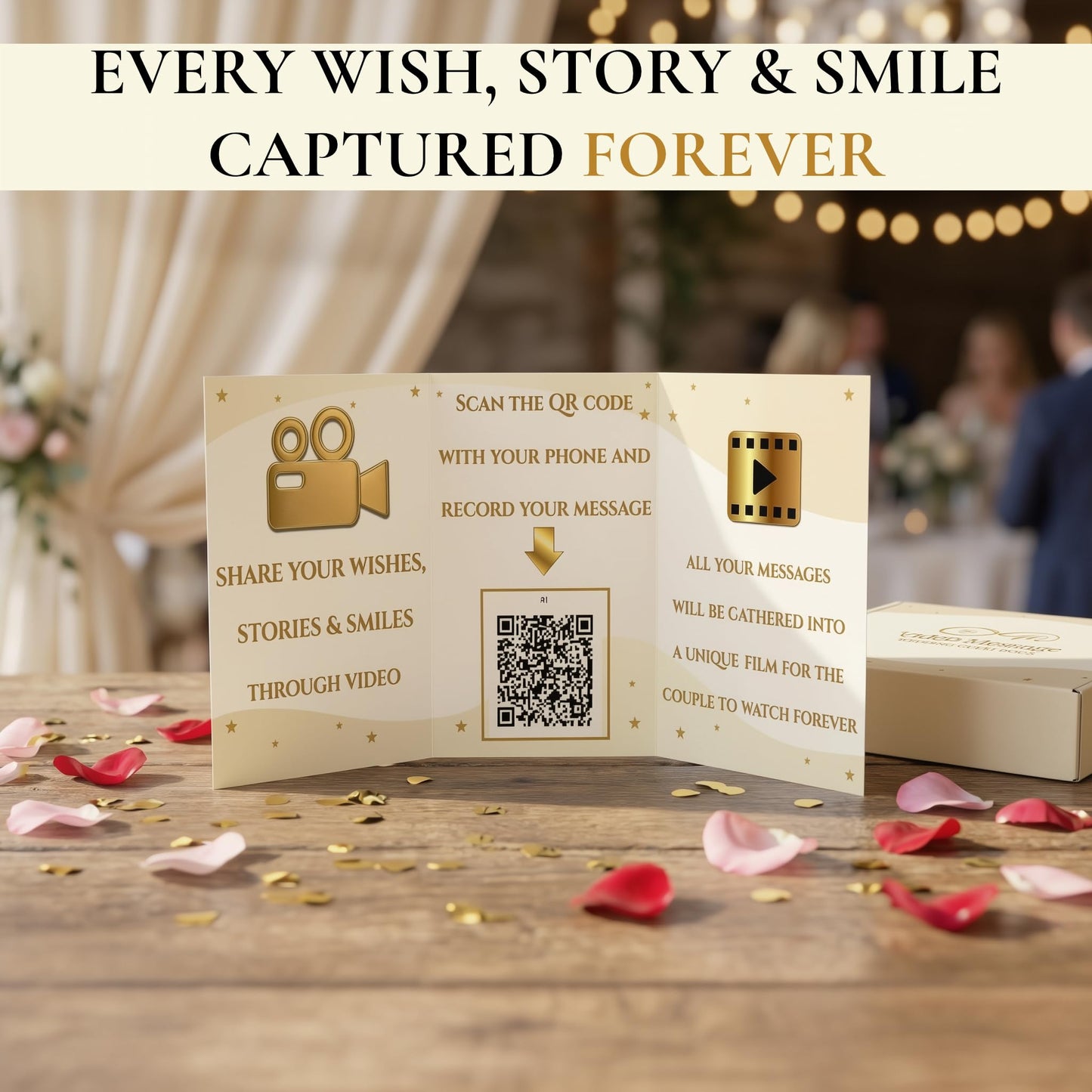 Video Guest Book for Wedding with QR Code - Wedding Guest Book Alternative, Guests Record Video Messages on Their Phones, No App - Edited Film in 24 Hours - Kit with Banner, Signs, Flyer, Badges