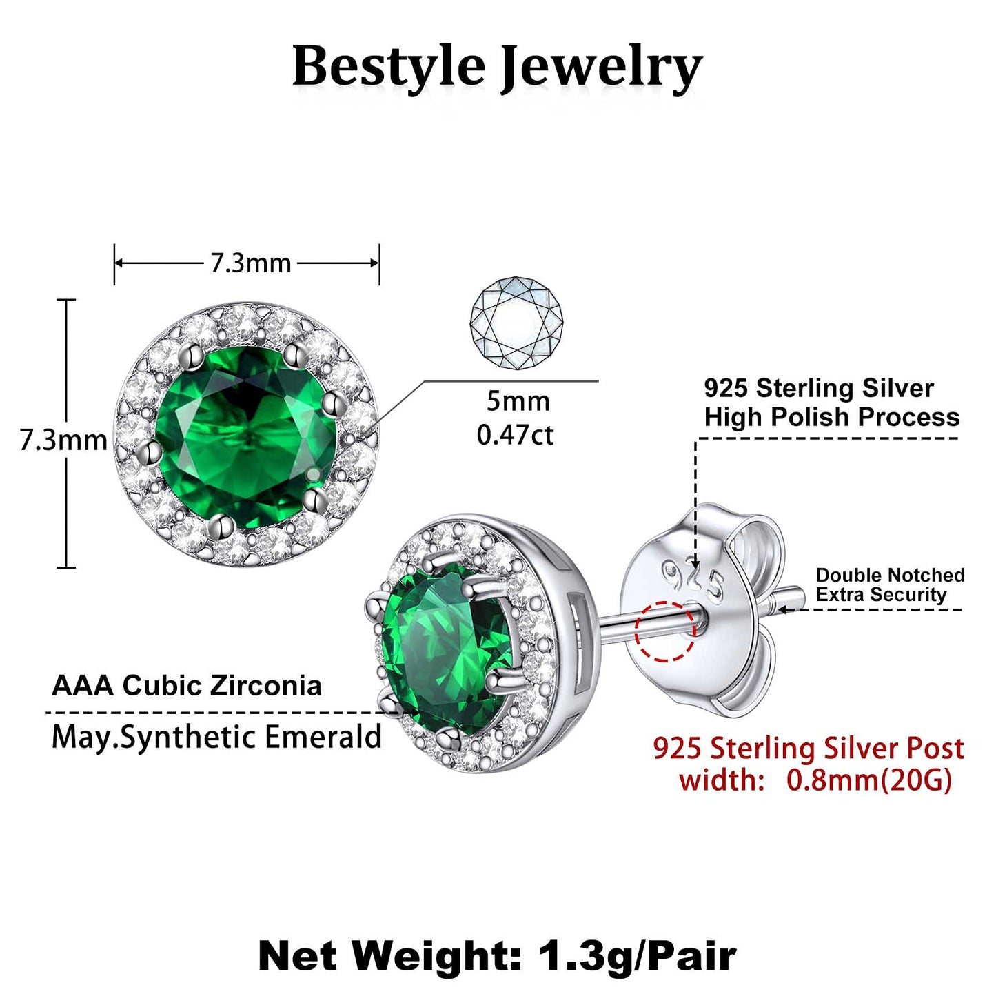 Bestyle May Green Emerald Earrings Silver Birthstone Earring for Women Green Stone Studs Jewelry for Birthday/Christmas/Party/Anniversary/Wedding