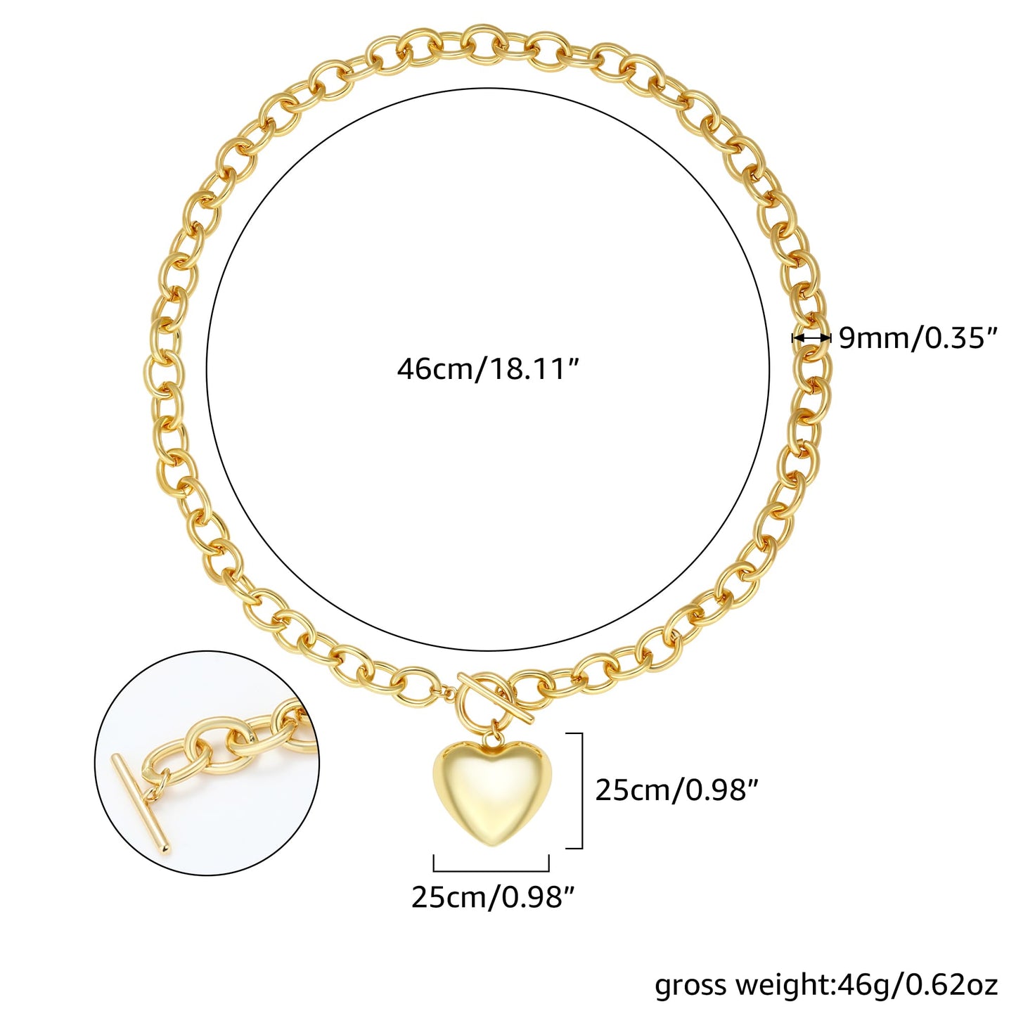 BONJOULRY Chunky Gold Bubble Heart Charm Toggle Necklace for Women, Gold Statement Thick Link Chain Puffy Heart Pendant Choker Necklaces for Women Trendy Jewelry Holiday Gift