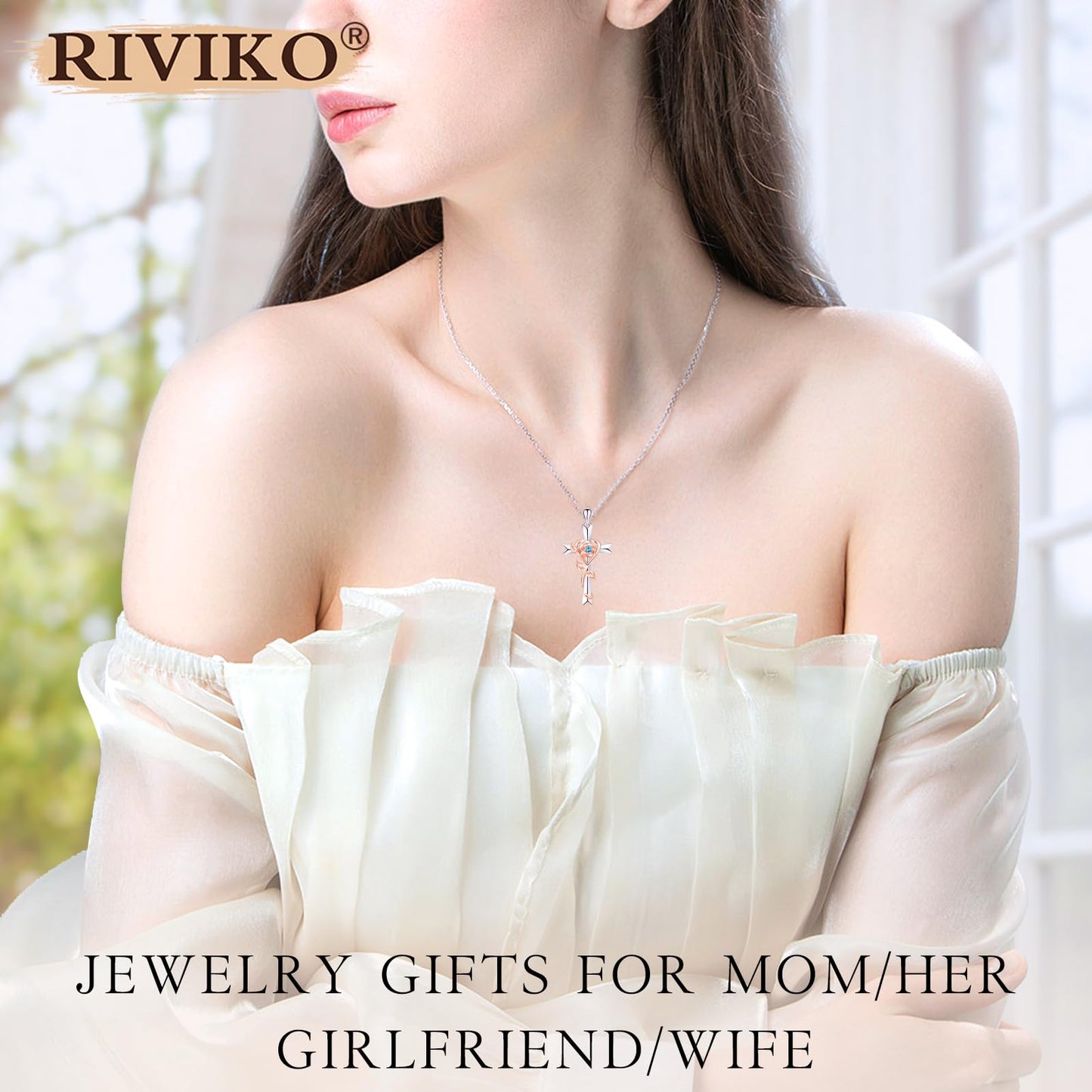 RIVIKO Mothers Day Gifts for Wife-925 Sterling Silver Cross December Birthstone Necklace for Women Cross Rose Pendant Necklaces Trendy Christmas Jewelry Anniversary Birthday Gift for Women Her Wife