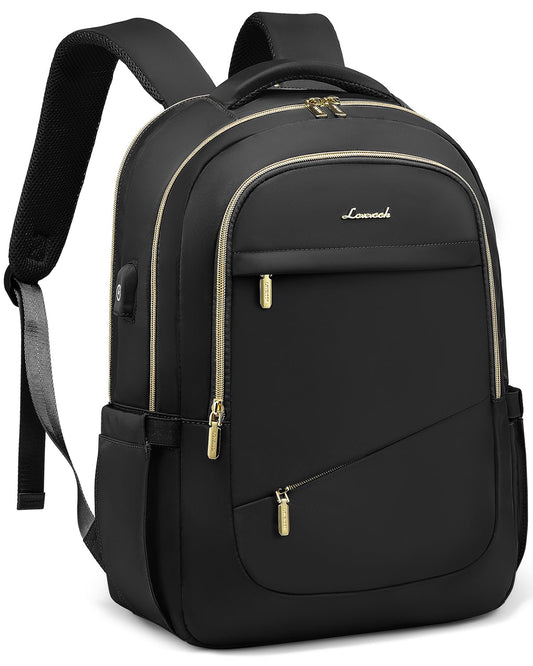 LOVEVOOK Laptop Backpack for Women, Black Business Travel Backpacks with USB Port, Water Resistant Work Teacher Computer Bag, Stylish Daypack, Fits 15.6" Laptop