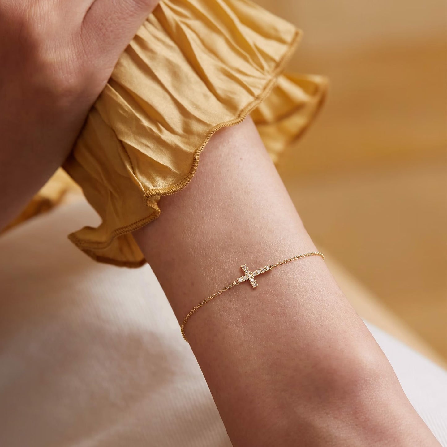 Tewiky Cross Bracelet for Women Dainty 14k Gold Plated Cubic Zirconia Cute Tiny Bracelet Confirmation Gifts for Women