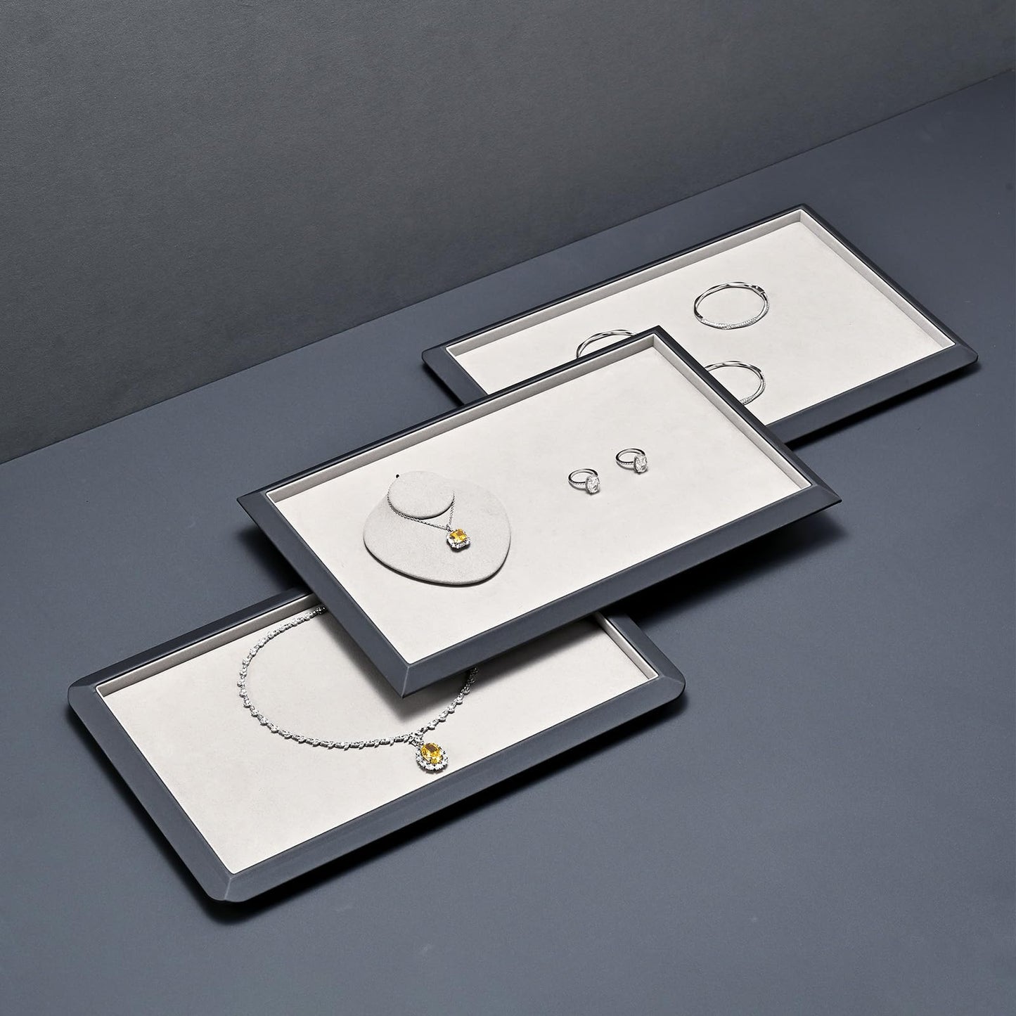 Oirlv Gray Leather Jewelry Display Tray with Microfiber Lining, Premium Rounded Corner Organizer