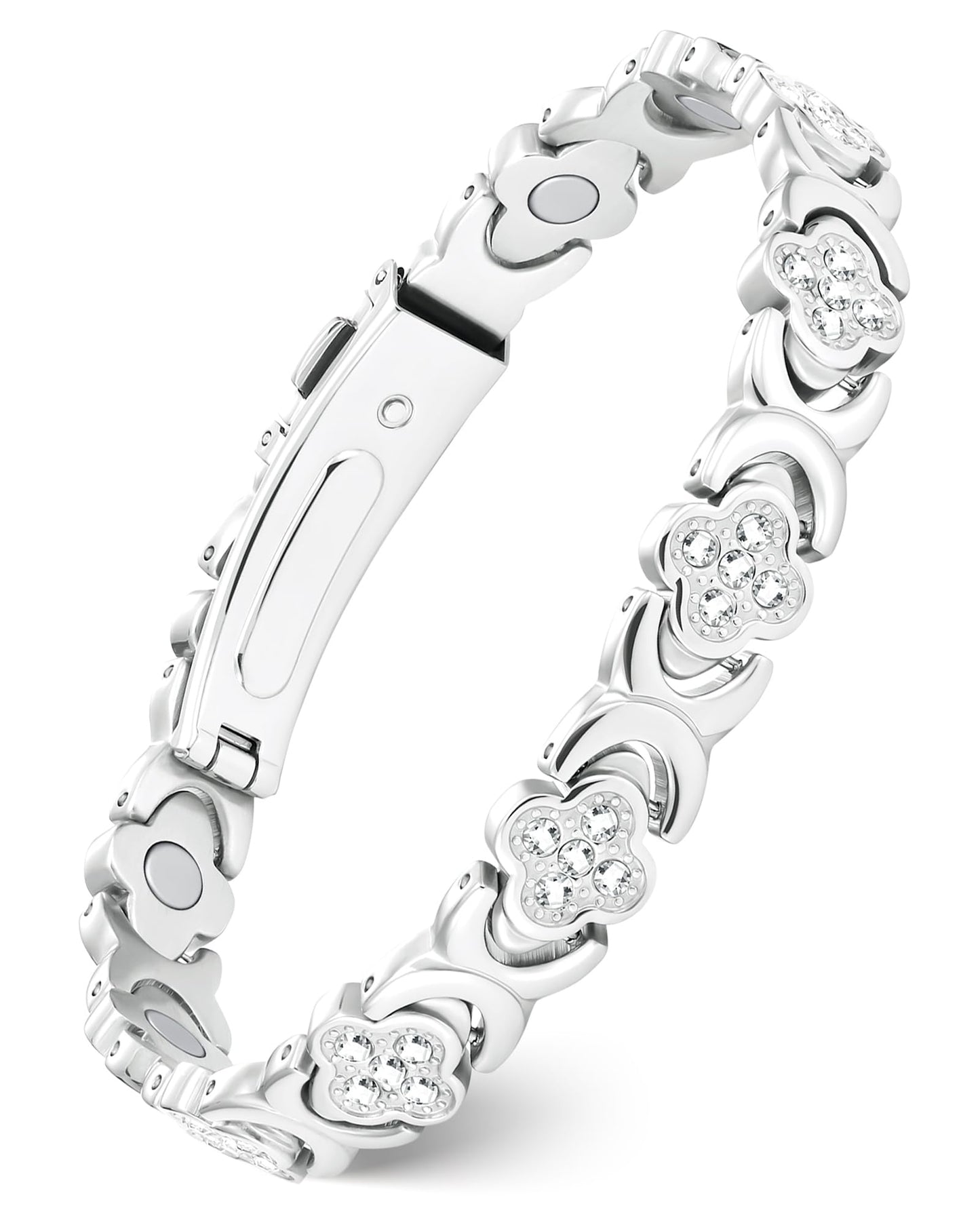 Feraco Pure Copper Bracelets for Women, Ultra Strength Magnetic Bracelet with 3800 Gauss Magnets & Sparkling Zirconia, Adjustable, Infinite Clover Jewelry (Silver)