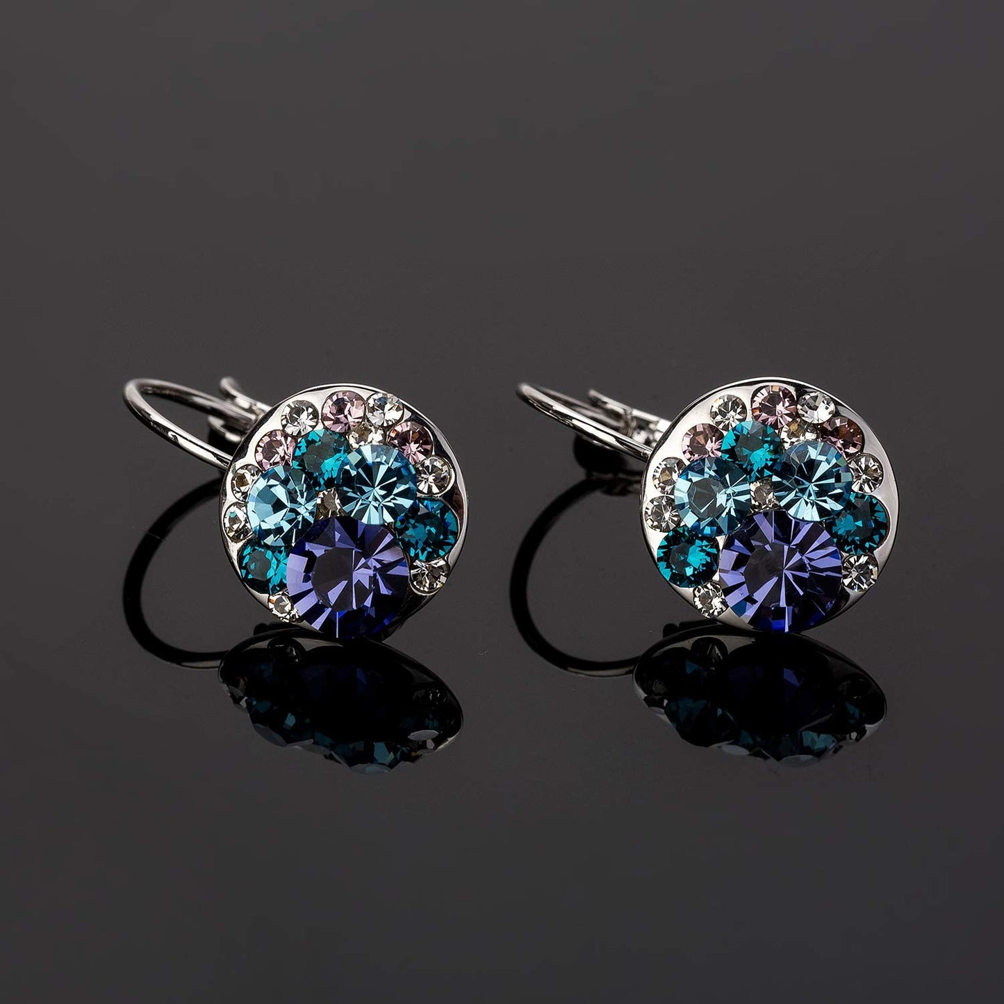 Multicolored Austrian Crystal Drop Earrings for Women 14K Gold Plated Hypoallergenic Leverback Dangle Earrings (Purple Main Crystal/Silver-tone)