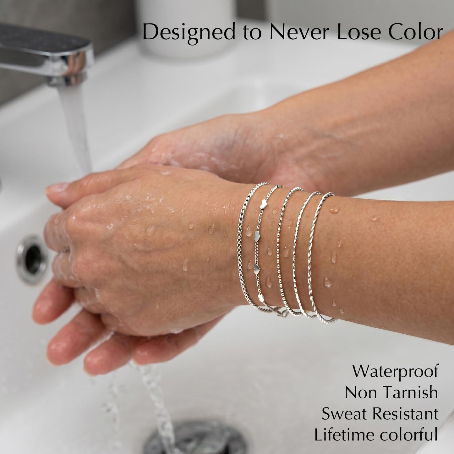 Dainty Silver Bracelets Set for Women Stackable, Sterling Silver Plated Stainless Steel Thin Layered Bracelets, Fashion Waterproof Fashion Waterproof Link Chain Bracelets Non Tarnish for Women Mom Wife