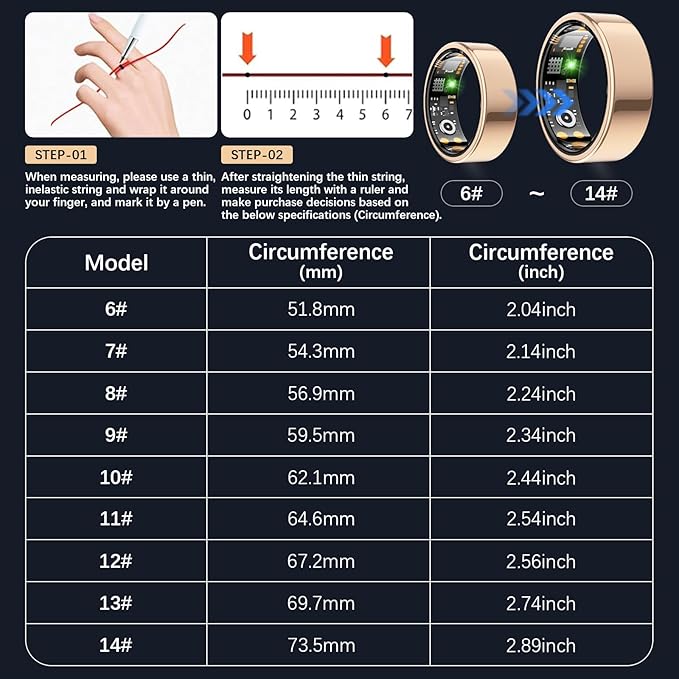 Ring Health Tracker for Women Men, Fit Ring with Heart Rate, Blood Oxygen, Sleep Monitor, Calories, Step Counter, IP68 Waterproof Smart Ring for iPhone & Android, No Subscription Fee (Rose Gold, 11#)