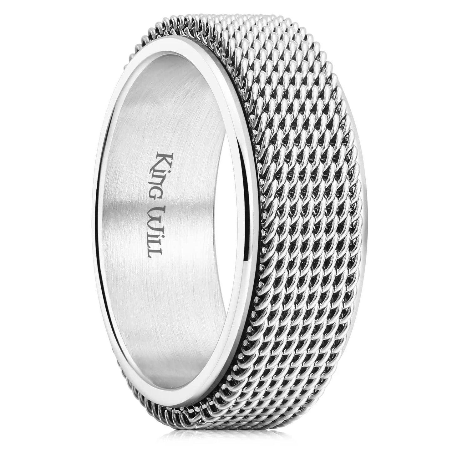 King Will Silver 8mm Spinner Chain Mesh Rings Stainless Steel Anxiety Ring for Women Men Wedding Band Ring Fidget Ring Mesh Chain Woven Mesh 10