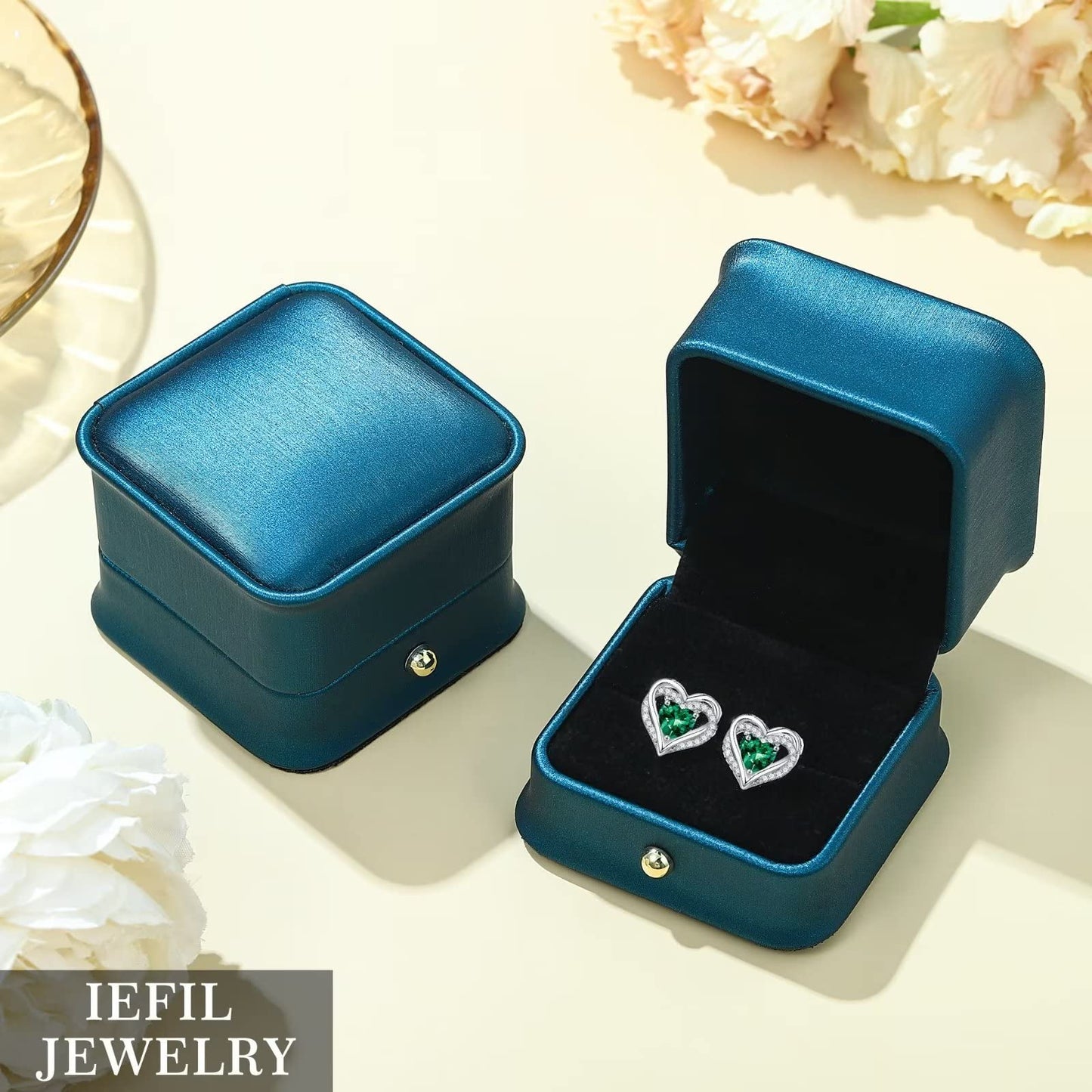 Iefil Earrings for Women, 925 Sterling Silver September Birthstone Blue Sapphire Heart Stud Earrings for Women