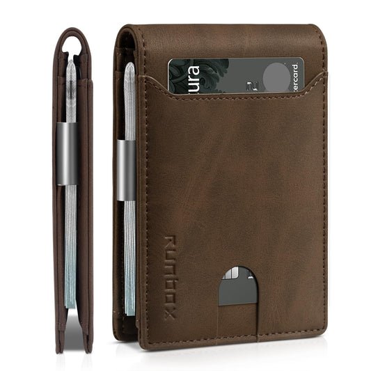 RUNBOX Slim Wallets for Men - Leather Money Clip Mens Wallet - RFID Blocking Front Pocket Bifold Wallet - Thin Credit Card Holder with Gift Box