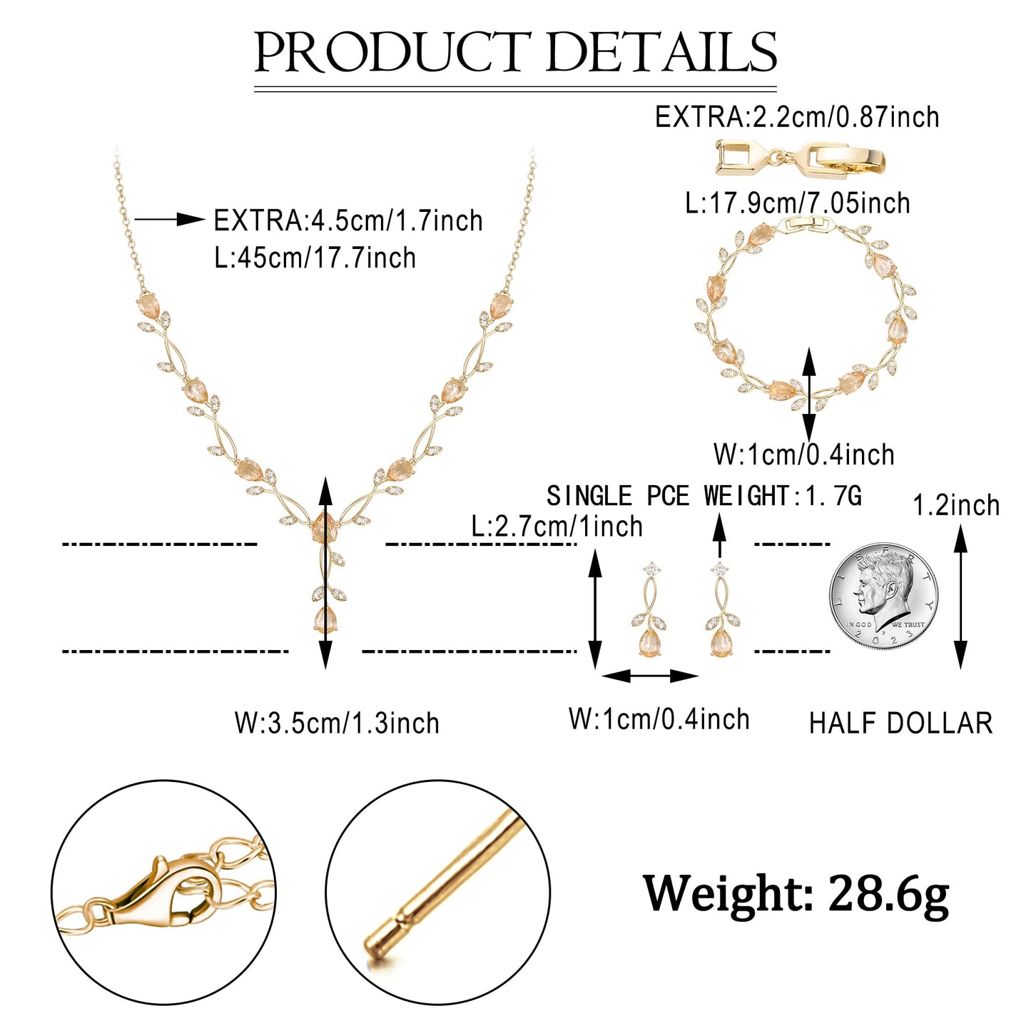 EVER FAITH Prom Party Jewelry Set for Bride Bridesmaid, Champagne Teardrop Cubic Zirconia Gold-Plated-Brass Leaf Vine Bridal Necklace Dangle Earrings Bracelet Sets for Women