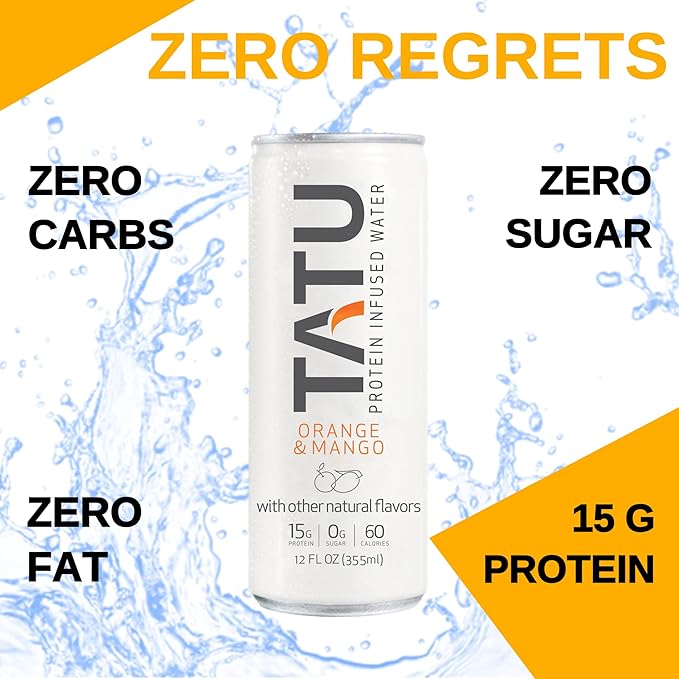 TATU Ready-To-Drink Protein Infused Water Orange Mango 24 Pack. 15 grams of whey protein isolate, 0 grams of sugar, only 60 calories. Lemon Ginger and Orange Mango. Gluten Free, lactose free.