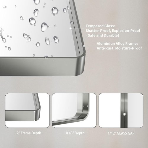 LOAAO Brushed Nickel Bathroom Mirror - 40x30 Inch Rounded Rectangle Design | Anti-Rust & Shatter-Proof