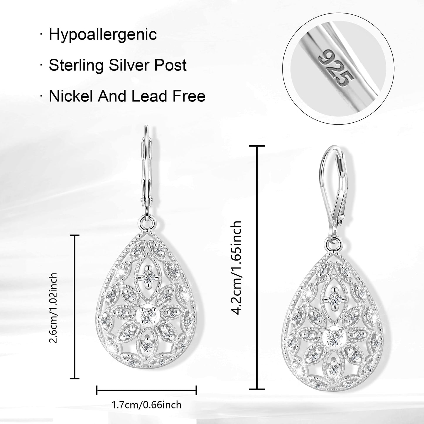 Sterling Silver Earrings Filigree Dangle Drop Leverback Earrings for Women Cubic Zirconia Drop Earring Hypoallergenic Leverback Teardrop Dangle Filigree Earrings Silver Jewelry for Gifts