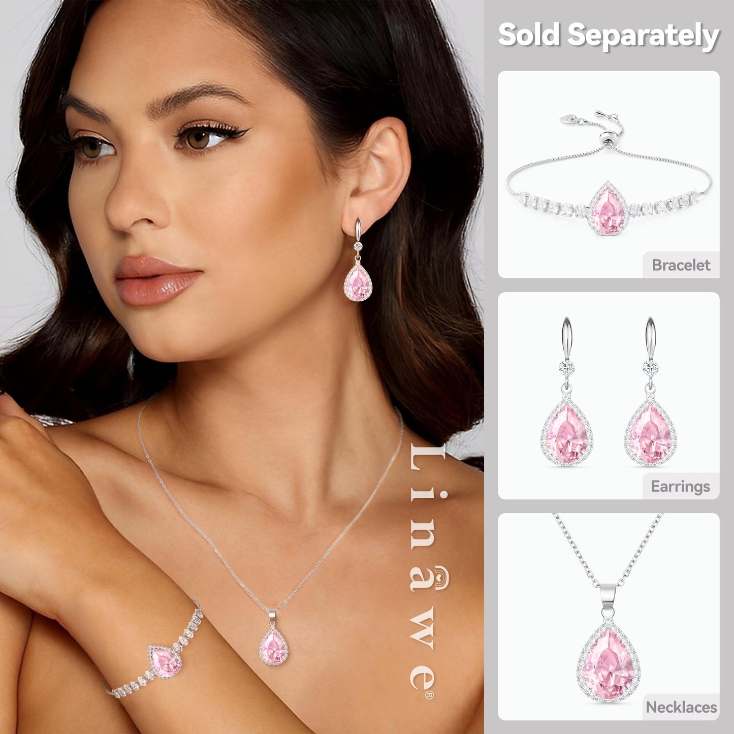 Linawe Pink Crystal Silver Chain Necklace for Women, Imitation Diamond Pendant Cubic Zirconia Birthstone Rhinestone Teardrop Necklace, Preppy Bridal Wedding Jewelry