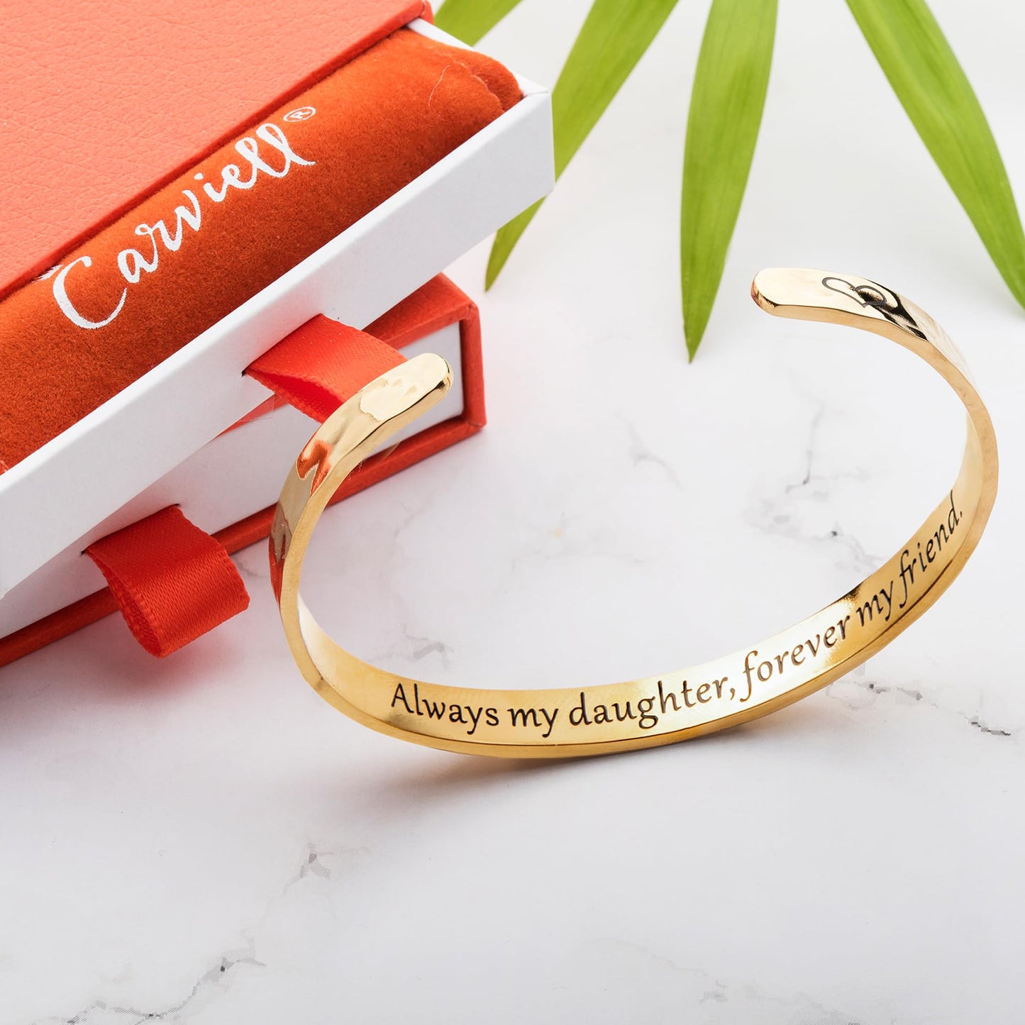 Carviell Gold Bracelet for Daughter from Parent Mom or Dad, Always My Daughter Forever My Friend, Stainless Steel Engraved Cuff, Birthday Christmas Graduation Gift, Sentimental Jewelry for Women