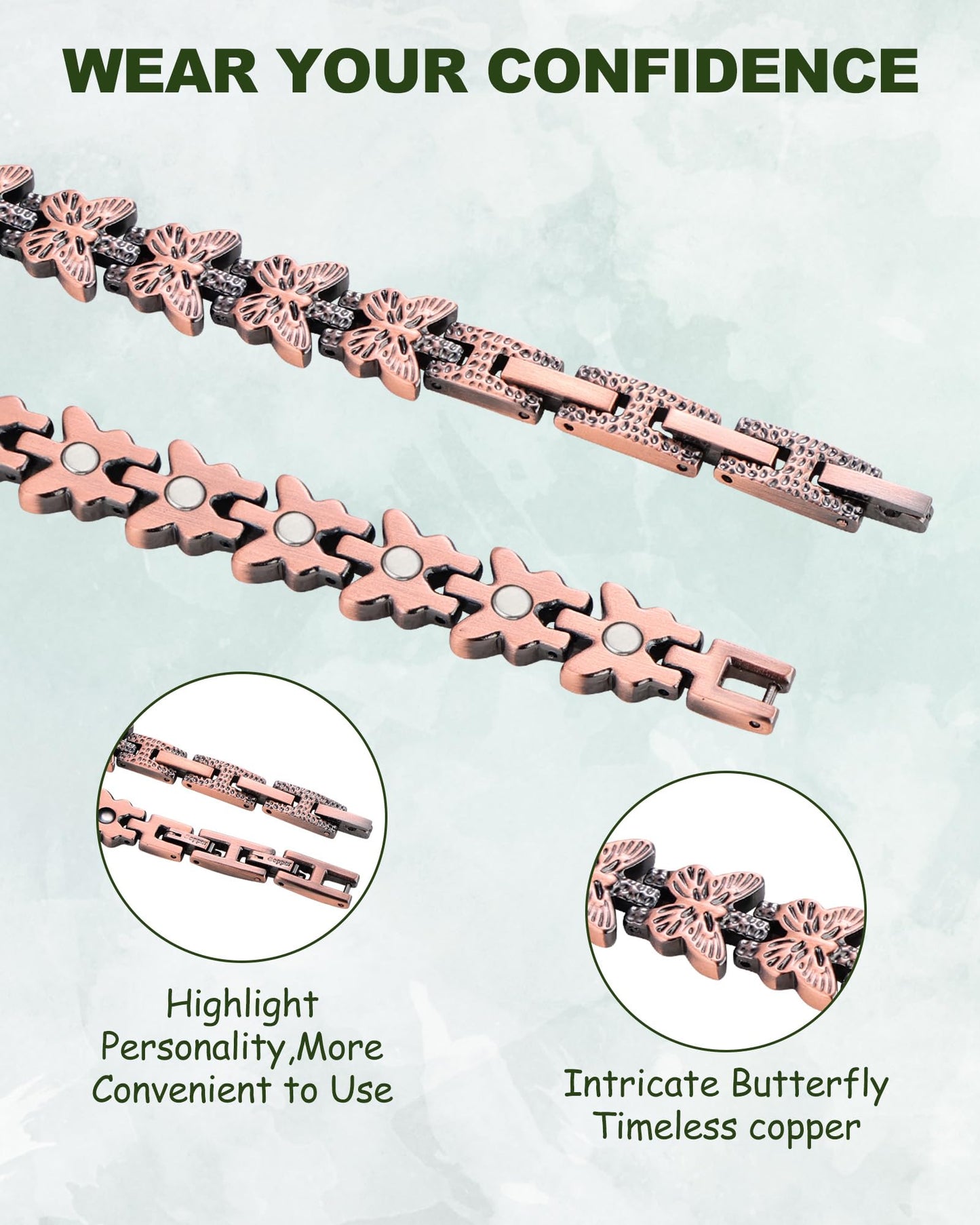 MagEnergy Copper Bracelets for Women, 99.99% Pure Copper Magnetic Bracelet with 3500 Gauss Magnets & Butterfly, Adjustable, Jewelry Gift