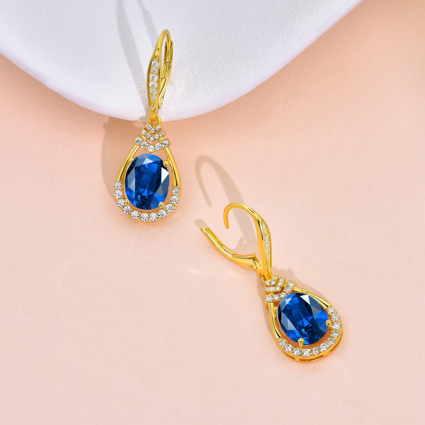 Valentine's Day Gifts for Women |18K G Plated Sterling Silver Birthstone Teardrop Leverback Drop Earring for Women Lady | Wedding Jewelry Gifts for the Bride | Hypoallergenic Oval Cut CZ Earrings (18k Gold Plated-09-Sep.-Sapphire)
