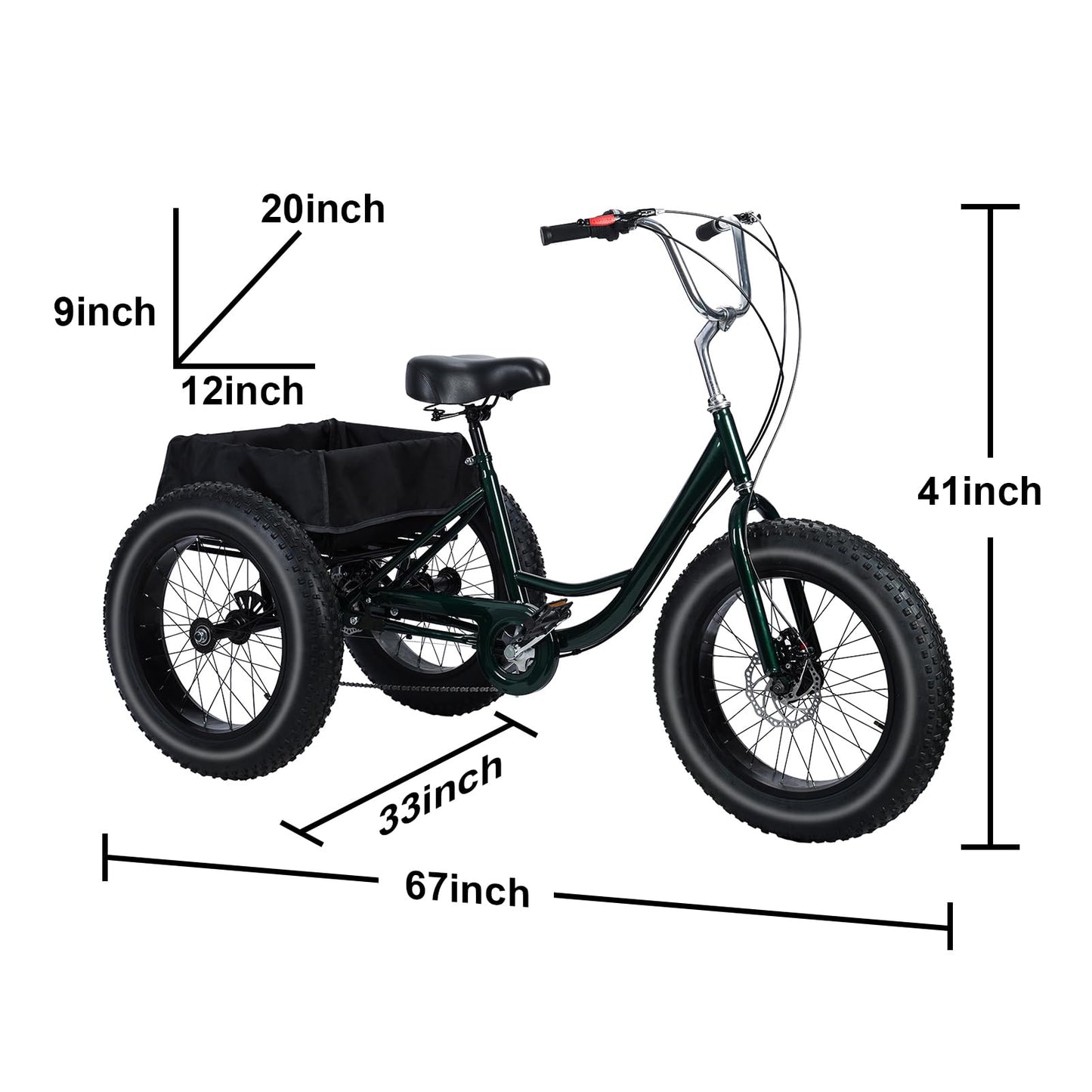 Adult Tricycle, 20 Inch Fat Tire Trike for Adults, 20" X 4" Tires, 7 Speeds, Loads 450lbs, Double Disc Brake, Anti-Slip Pedals, 3 Wheel Bikes for Adult, Large Shopping Basket for Commuting (BlackB)