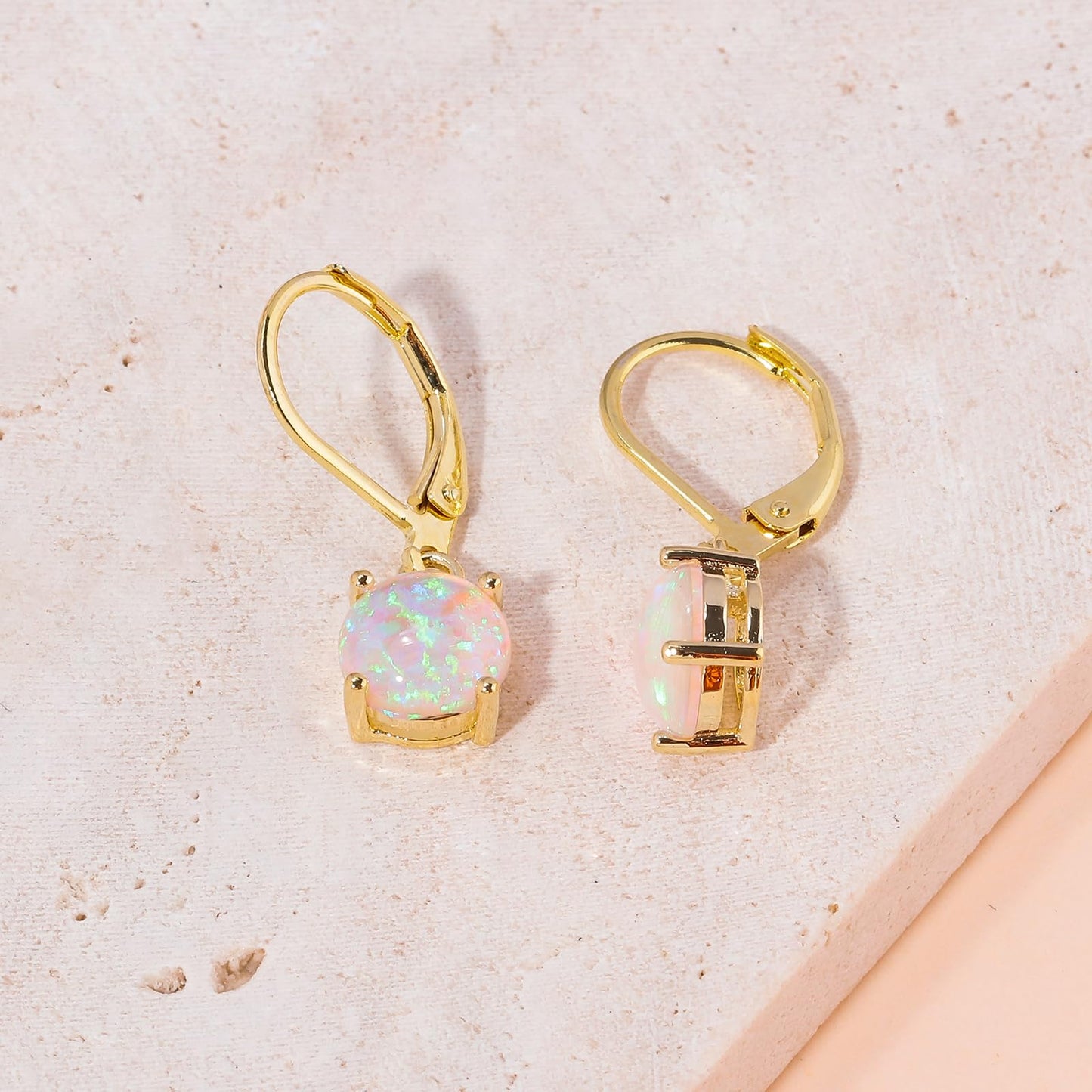 CiNily Round-Cut Opal Dangle Earrings for Women Hypoallergenic Pink Purple Fire Opal Rhodium Plated Leverback Gemstone Drop Earrings Jewelry Gift for St Patrick's Day Easter Mother's Day Graduation