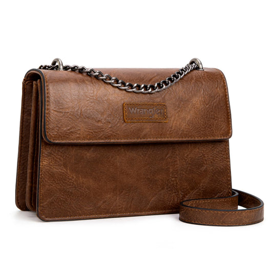 Wrangler Flap CrossBody Purse for Women Western Small Clutch Wallet Trendy Shoulder Bag with Chain Strap Gift Brown WG306-236BR