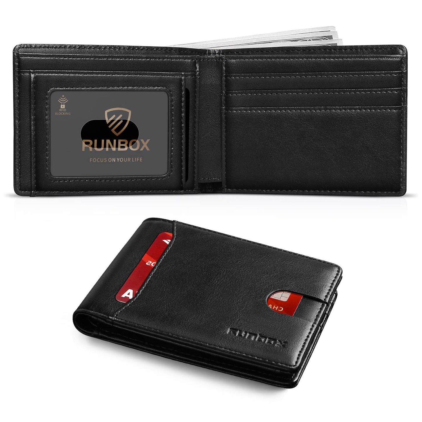 RUNBOX Wallet for Men Slim 11 Credit Card Holder Slots Leather RFID Blocking Small Thin Men's Wallet Bifold Minimalist Front Pocket Large Capacity Gift Box