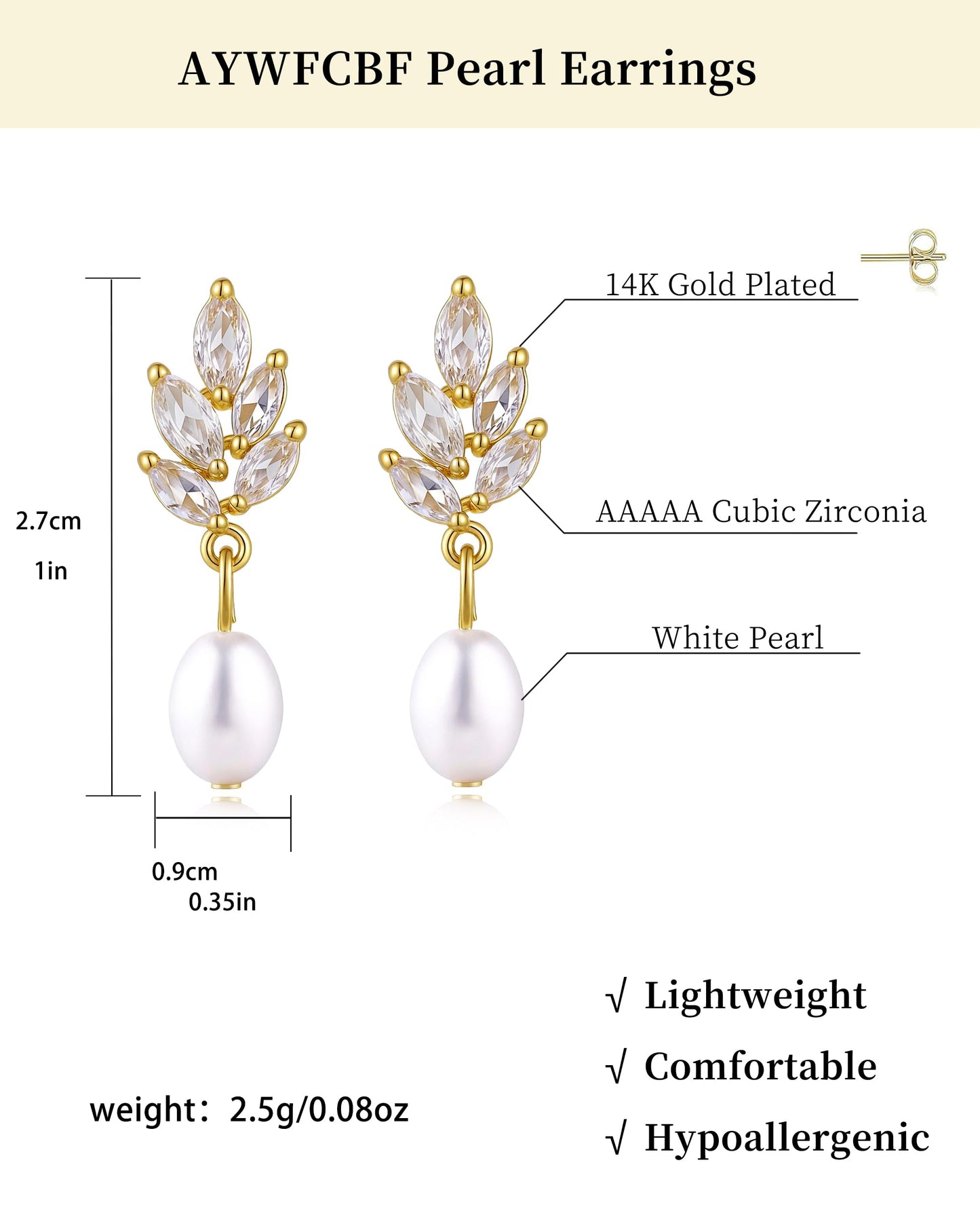Pearl Earrings for Women, 14k Gold Plated Trendy Diamond Pearl Drop Earrings Bridal Shower Gifts Wedding jewelry for Women