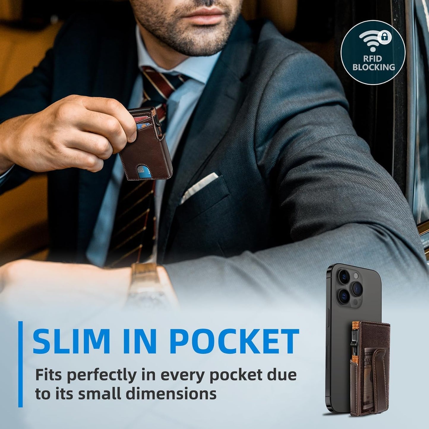 Plinvo Men's Slim Front Pocket Wallet with Integrated Money Clip & Coin Pocket, RFID Blocking & ID Window (Brown)