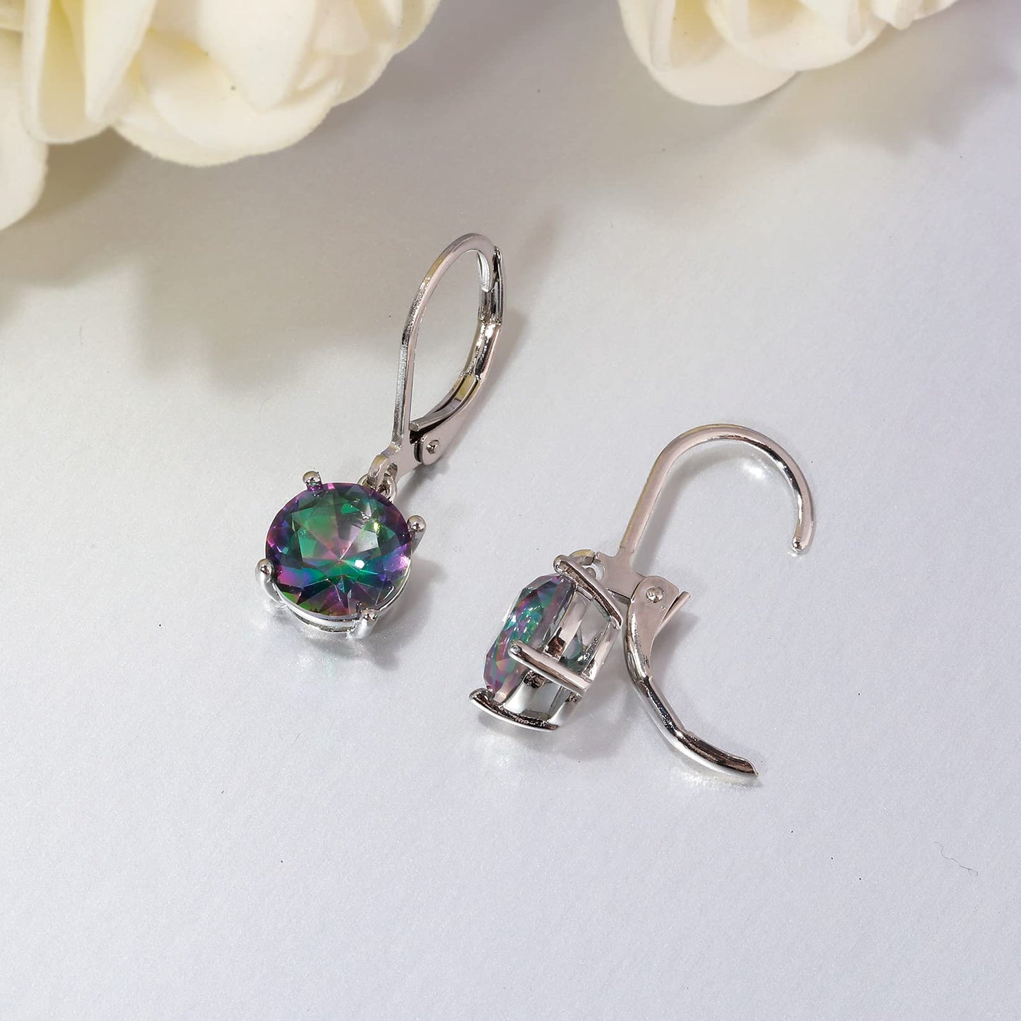 CiNily Leverback Dangle Earrings Created Mystic Rainbow Crystal Drop Earrings White Gold Plated Hypoallergenic Jewelry for Women for Sensitive Ears 8 mm