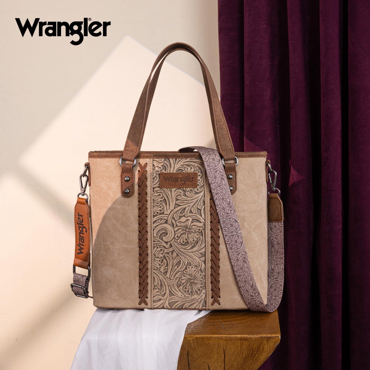 Montana West Wrangler Tote Bag for Women Western Purse Embossed Handbags Medium Satchel Retro Top Handle Shoulder Bag, Beige Purse, WG205-81134BG
