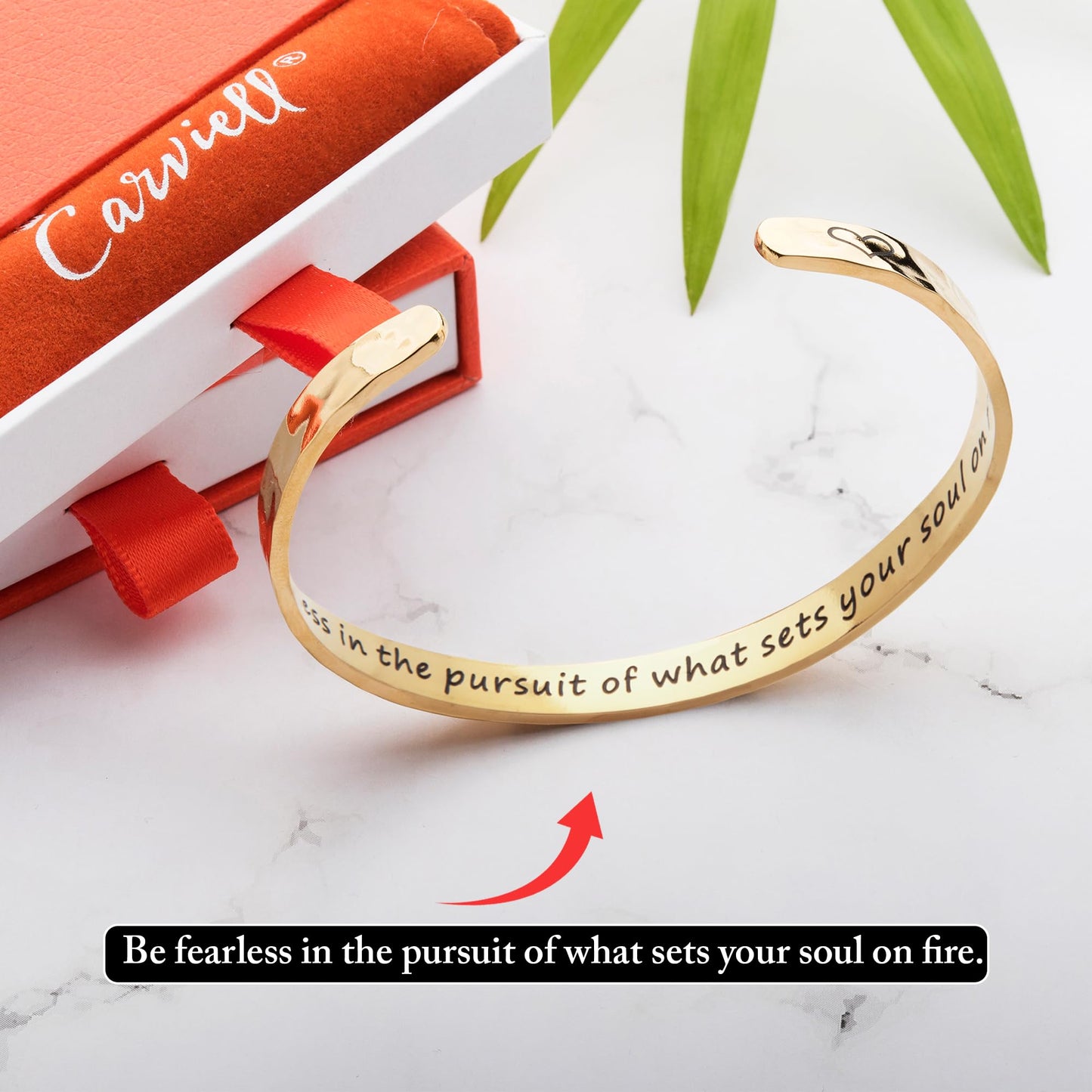 Carviell Gold Motivational Bracelet for Women – “Be Fearless in the Pursuit of What Sets Your Soul on Fire” Engraved Cuff, Inspirational Jewelry Gift for Friend, Sister, Daughter, or Yourself