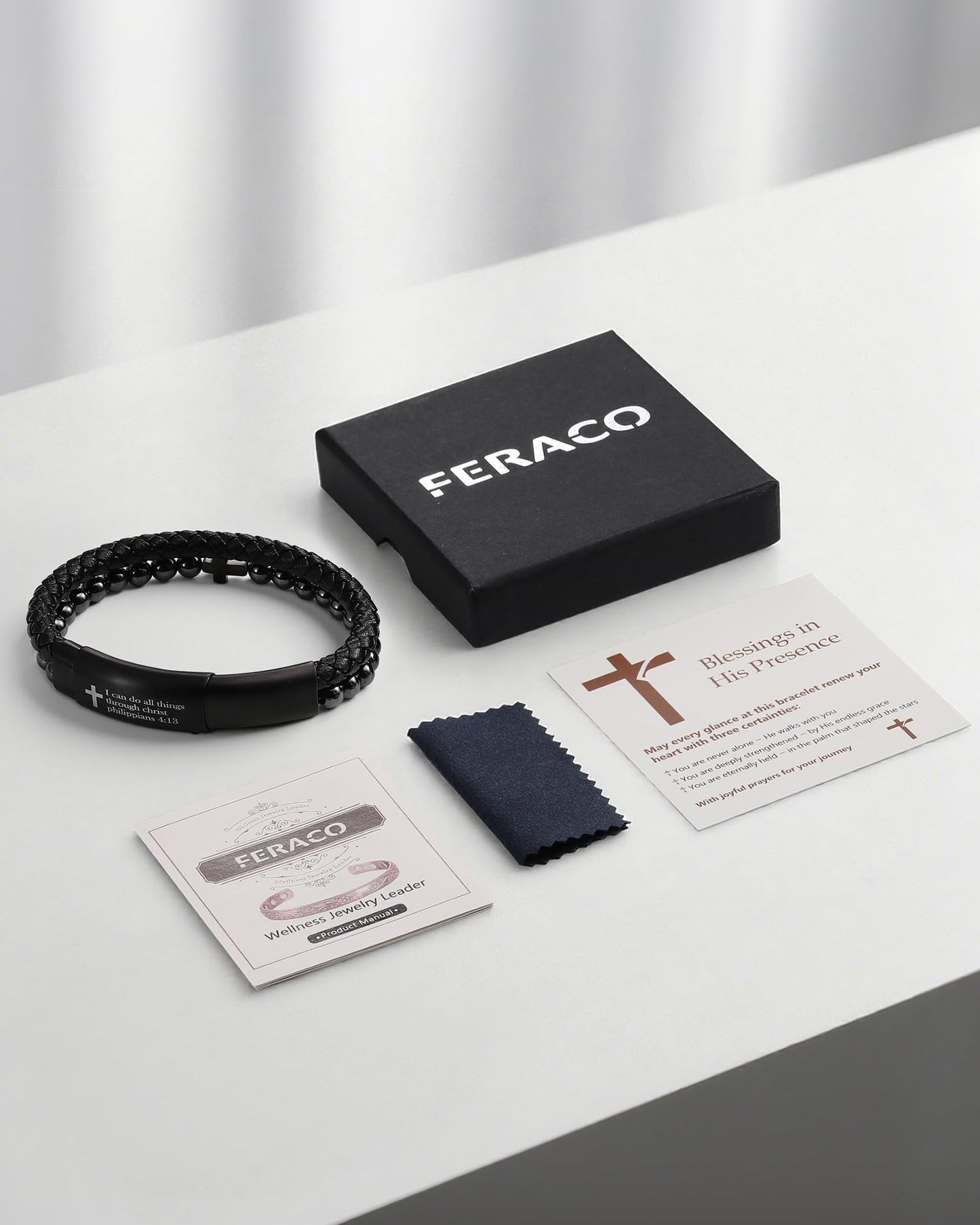 Feraco Magnetic Therapy Cross Braided Leather Bracelet for Men,Hematite Beads Charm Bracelet for Dad,Friends,Brother,Sons