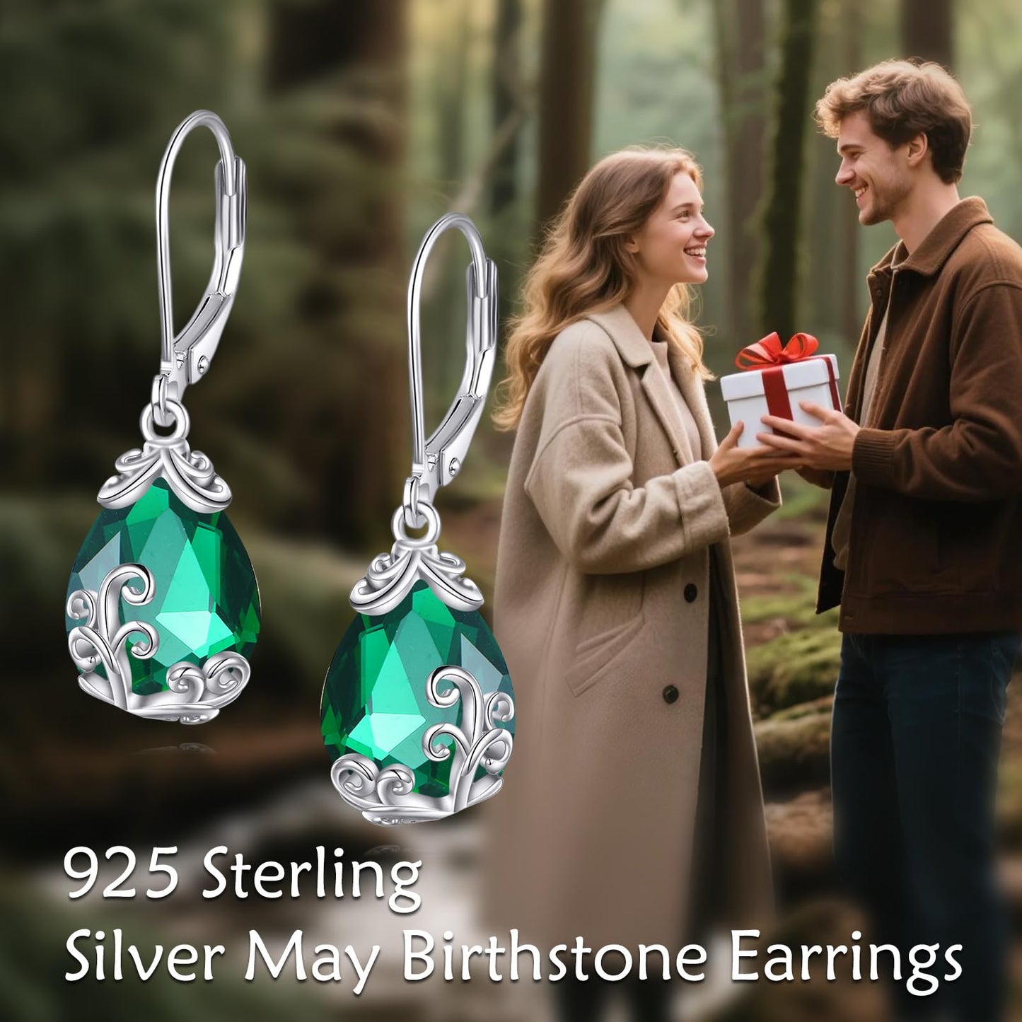 POPLYKE BirthStone Filigree Teardrop Drop Dangle Earrings Sterling Silver Emerald Leverback Earrings May Birthstone Jewelry Gifts for Women