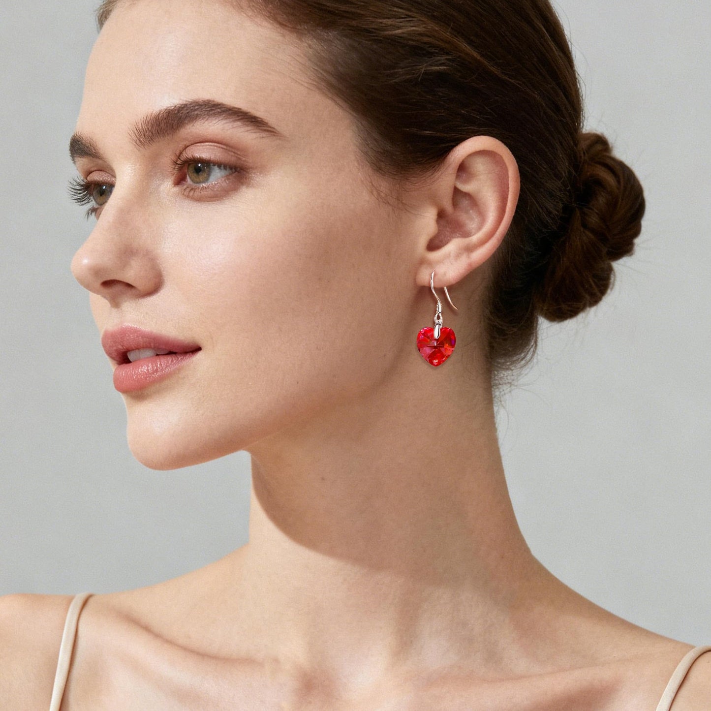 Austrian Crystal Heart Drop Dangle Earrings for Women 925 Sterling Silver Hook Hypoallergenic Earring (Red)