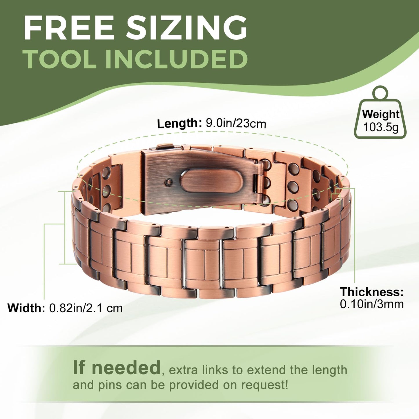 MagEnergy Copper Bracelet for Men, 3-Row Magnet Design, Ultra Strength Magnetic Bracelet 99.99% Pure Copper Wristband Adjustable Jewelry Gift with Sizing Tool(Copper & Black Patina)