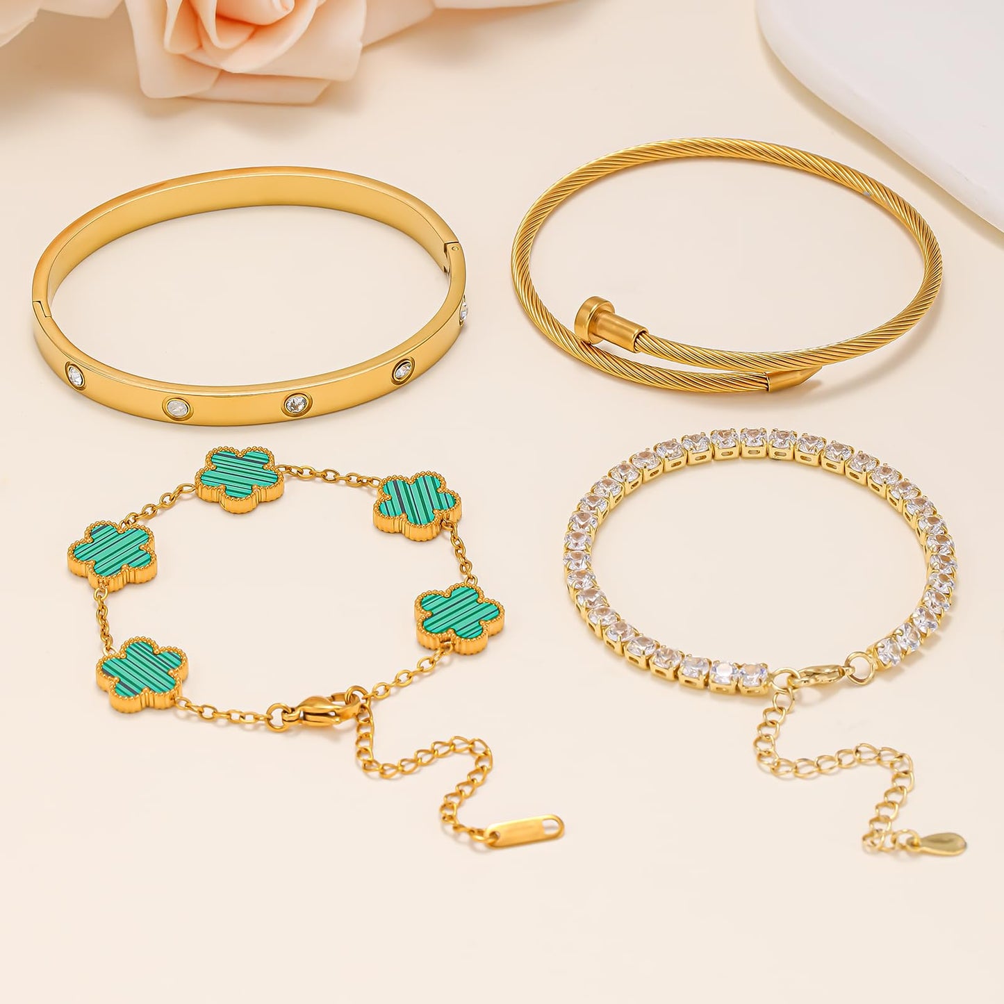 Gold Bracelets for Women, 18K Gold Plated Women Tennis Bracelets Clover Nail Love Bangle Bracelet Set, Gold Bracelet Stackable Set Trendy Jewelry, Gifts for Women's Day and Mother's Day (07-Color-green)