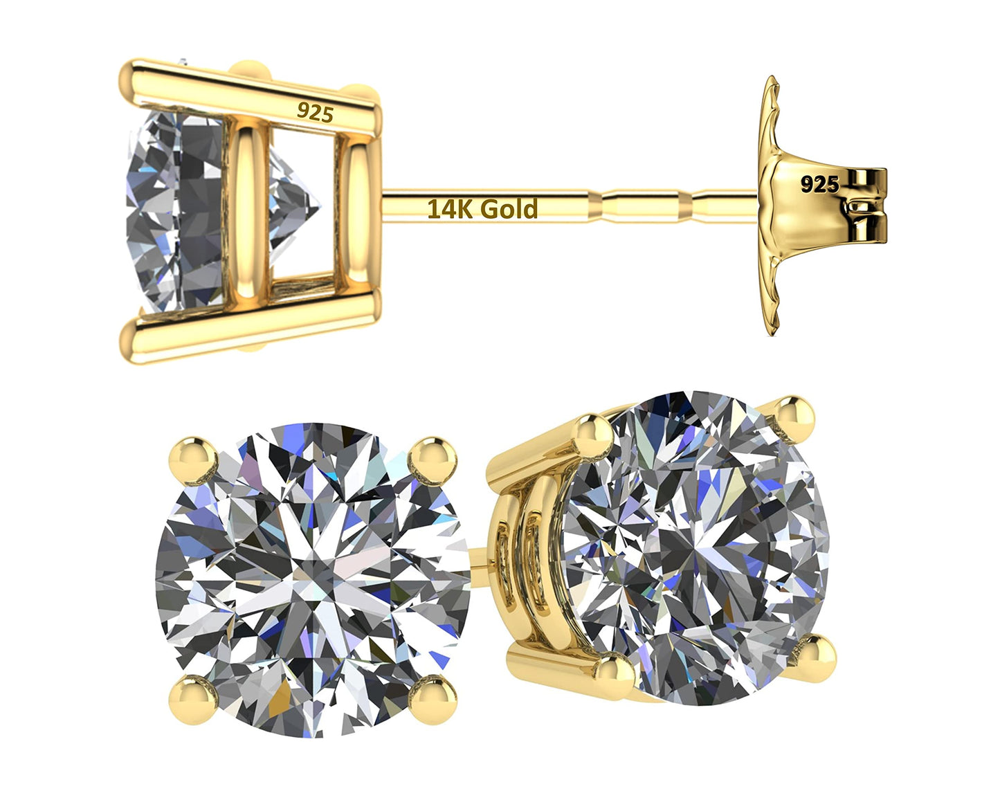 Central Diamond Center 14K Solid Gold Post & Sterling Silver Made with Swarovski 4 Prong CZ Stud Earrings - Yellow Gold Plated - 5.25mm - 1.00cttw